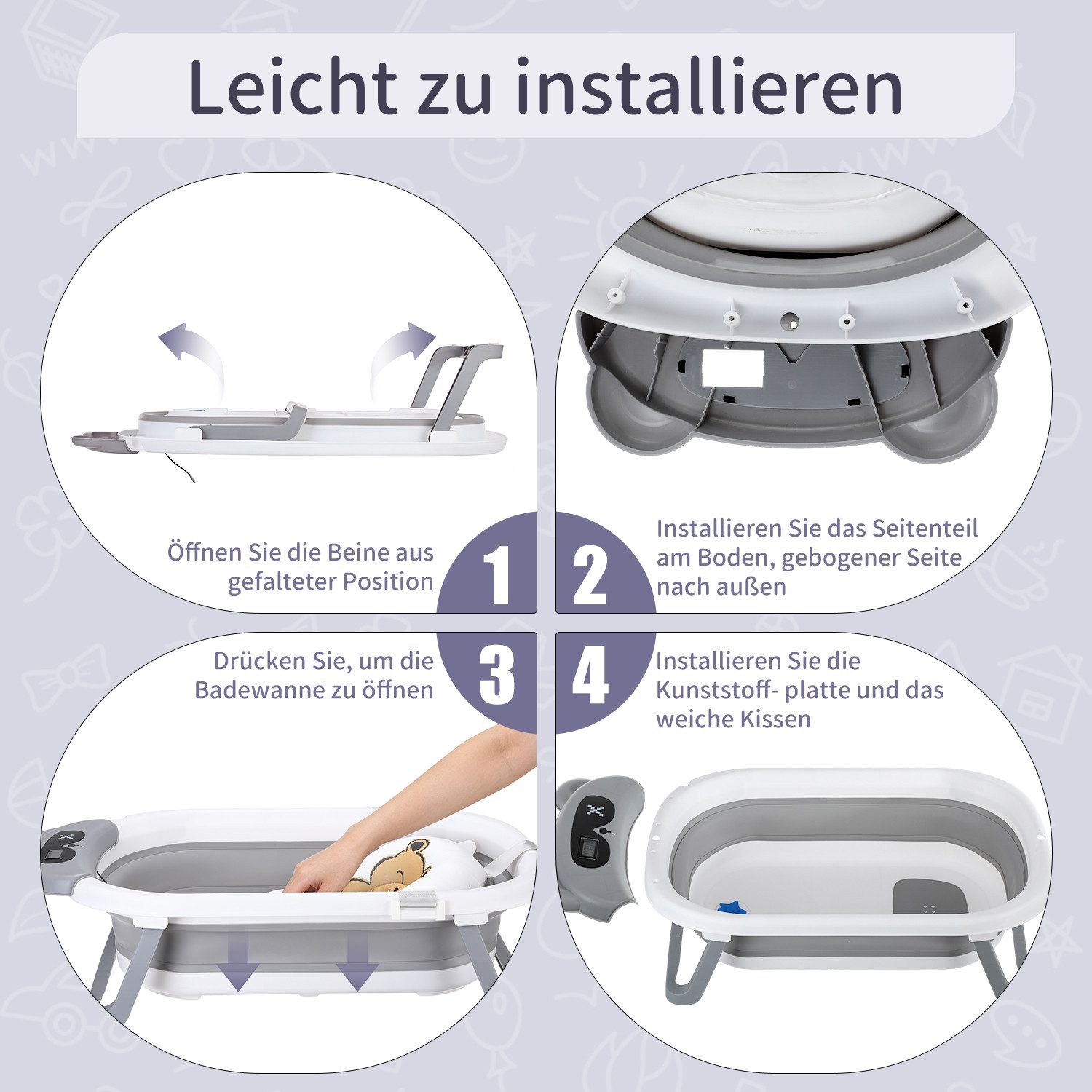 oyajia Babybadewanne Faltbare Badewanne PP&TPE Babywanne Badewannensitz, (mit weichem Schwimmkissen und Thermometer, Rutschfeste Badewanne)