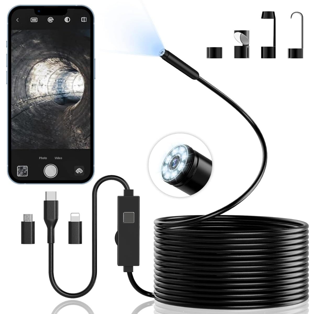 Welikera Endoskopkamera Handy,Endoskopkamera mit Licht Inspektionskamera (mit 8 LED Licht,kein WLAN erforderlich,IP67,5m,für Android & iPhone)