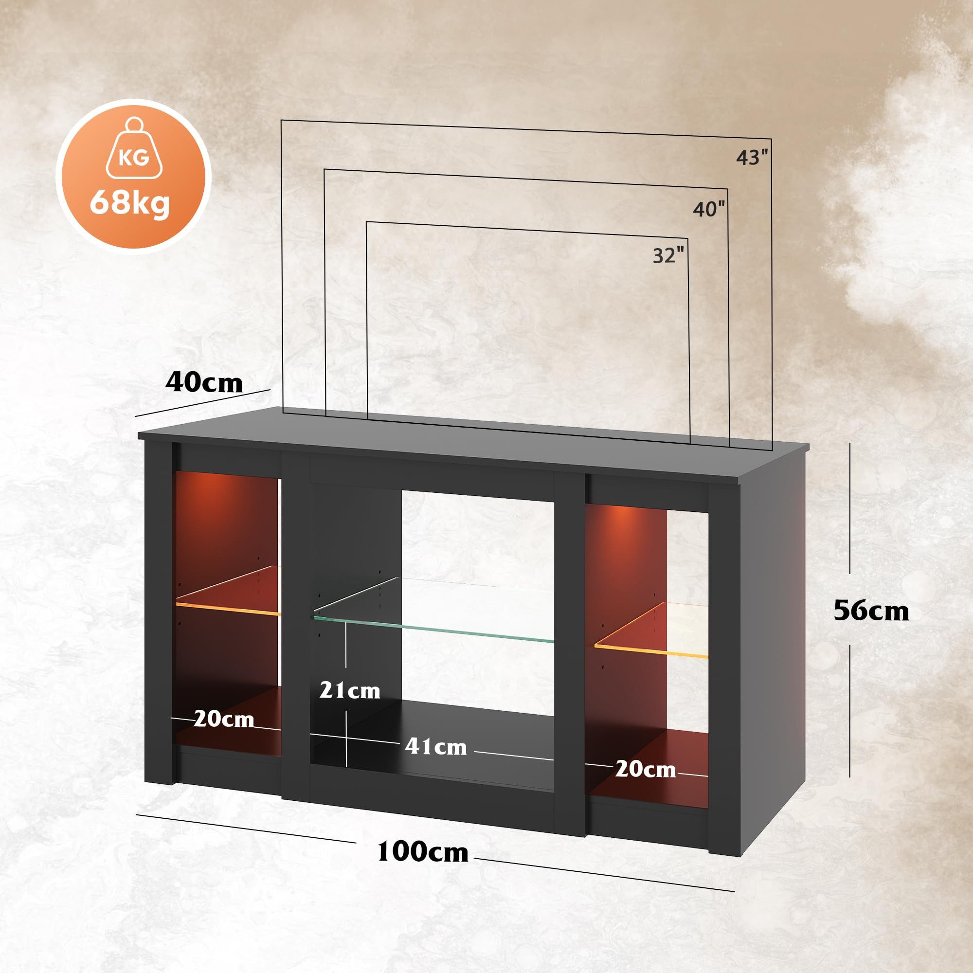 WLIVE Lowboard TV-Schrank mit RGB-LED (22 Modi), 3 offene Fächer & verstellbare, 100 × 40× 56 cm, modern & stabil
