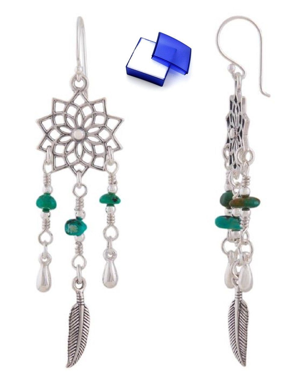 unbespielt Paar Ohrhänger Ohrringe Mandala mit Federn u. kl.Türkis-Steinen 925 Silber 62 x 16 mm, Silberschmuck für Damen