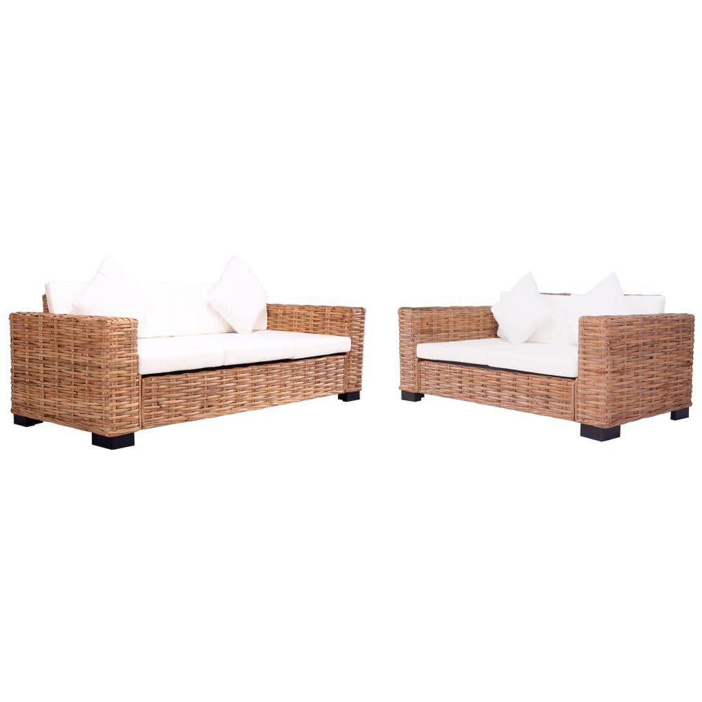 vidaXL Loungesofa Natürliches mit 2-tlg. Gartensofas Polster Rattan