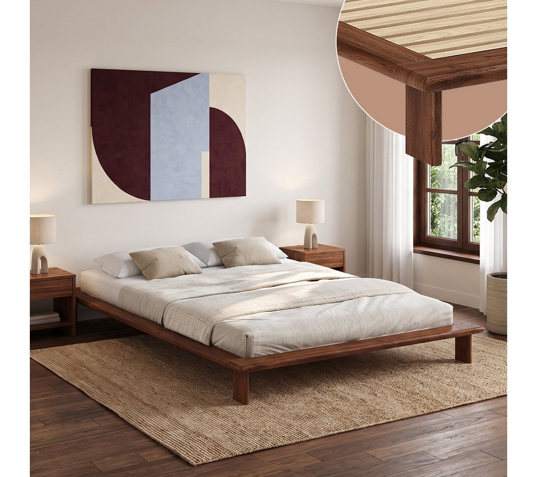skølm Futonbett Skald aus Massivholz Eiche, Holzbett 25 cm hoch (Walnussoptik mit Lattenrost, 140x200 cm), Massivholzbett lackiert, Doppelbett in 120/140/160x200 cm verfügbar