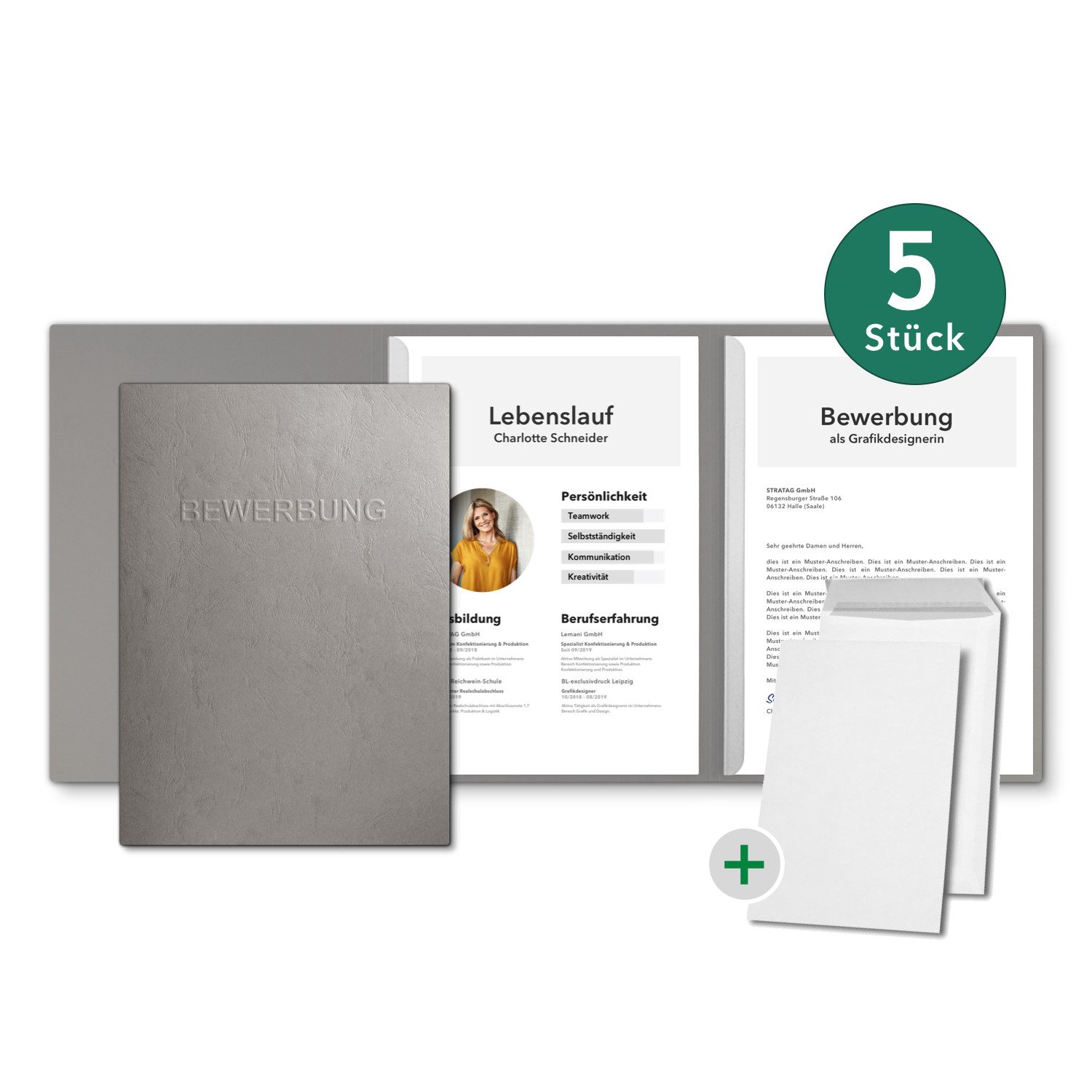 STRATAG Bewerbungsmappe Lederstruktur - 5 Stück 3-tlg mit 2 Klemmschienen & B4 Versandtaschen (Set, 5-St., mit hochwertiger Relief-Prägung BEWERBUNG), direkt vom Hersteller STRATAG - handgefertigt in Deutschland