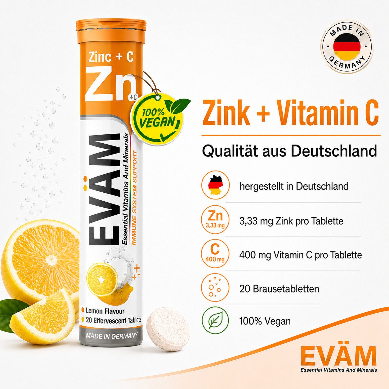 EVÄM Zink + Vitamin C Brausetabletten Zitronig Vegan Brausetabletten, 2 er Röhrchen à 20 St., 164 g, made in Germany