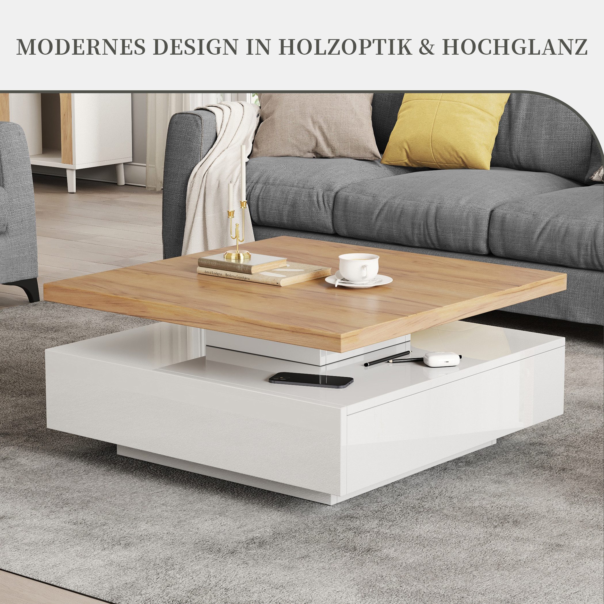 SeedWave Couchtisch Quadratischer Sofatisch mit 360° Drehbarer Ober-Tischplatte, Schublade, Hochglänzende Oberfläche an Unterseiten