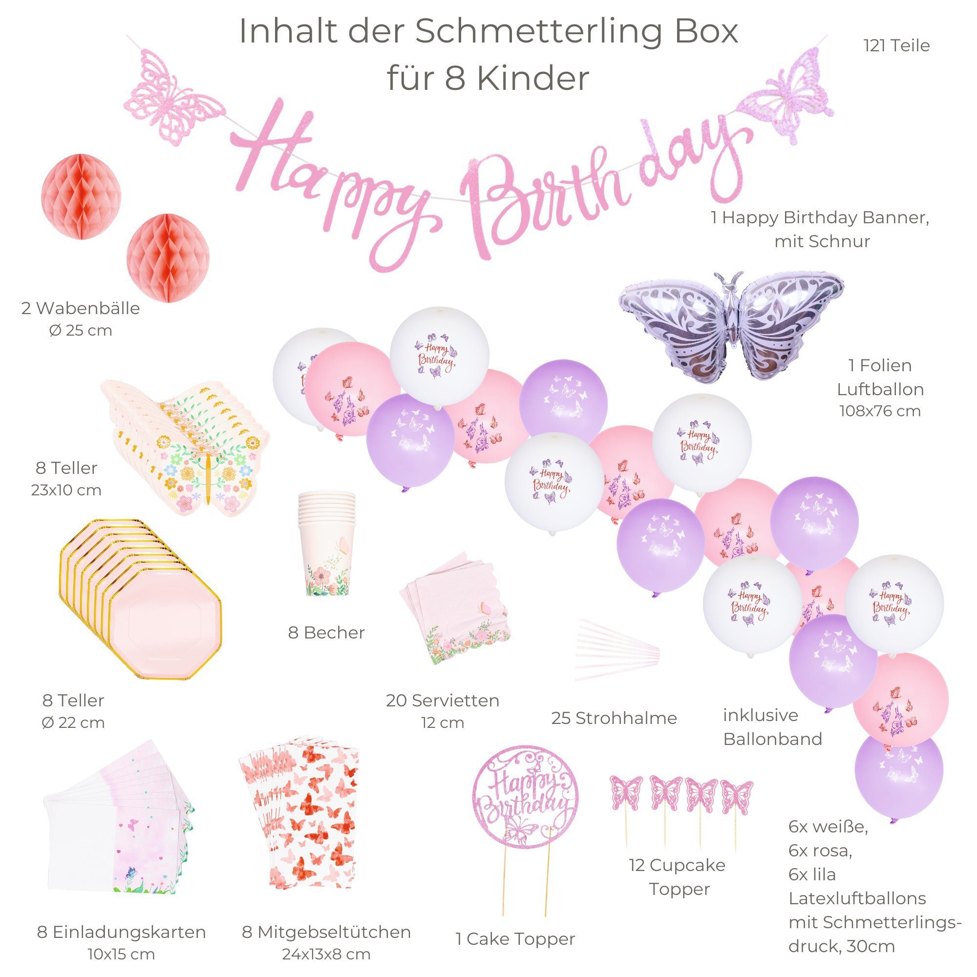 einem - Birthday Kindergeburtstag, aus little Birthday 121 Teile 8 little für Kinder, Papierdekoration Set Mottobox für Schmetterling