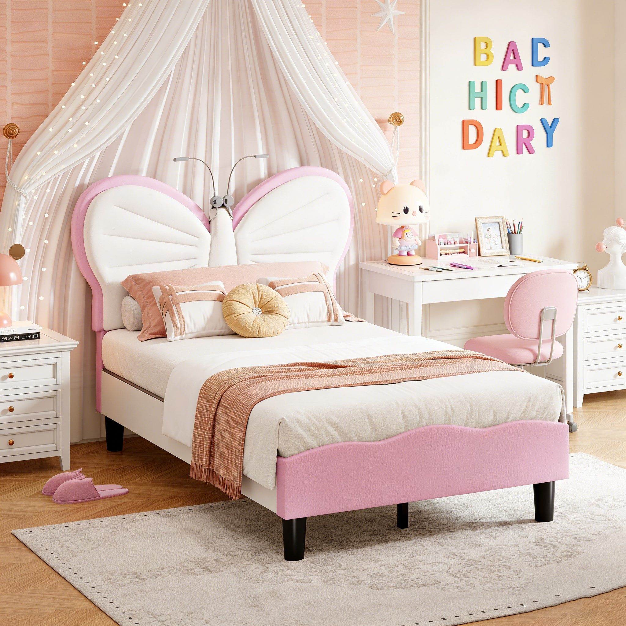 Simurq Kinderbett Einzelbett mit LED-Beleuchtung, Polsterbett, Jugendbett, Bettgestell, Bettgestell 90x200, Mit Lattenrost, Verstellbares Kopfteil, Samt+PU