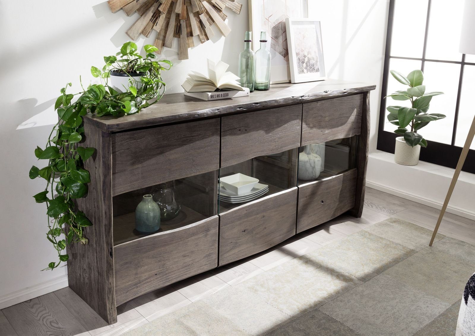 Massivmoebel24 Sideboard (Sideboard Akazie 191x45x96 grau günstig online kaufen