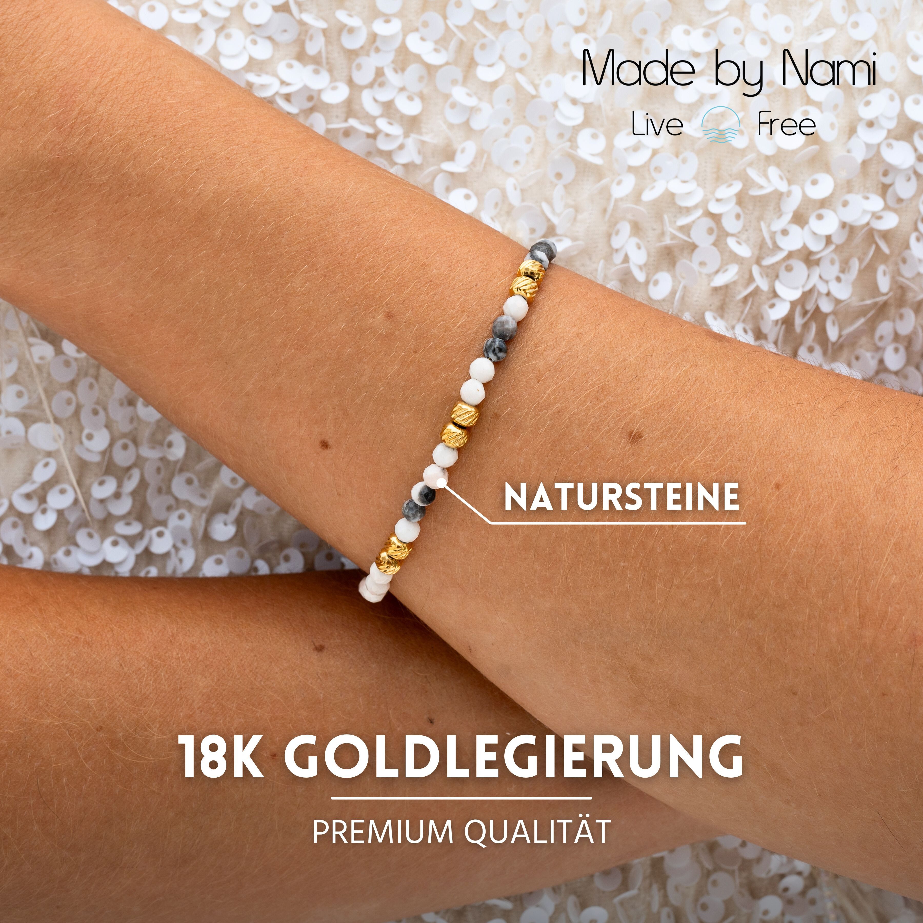 Made by Nami Perlenarmband Damen Damenarmband Größenverstellbar Wasserfest in Natur oder Grün, hohe Qualität mit verschiedenen Perlen – Bild 4 von 5
