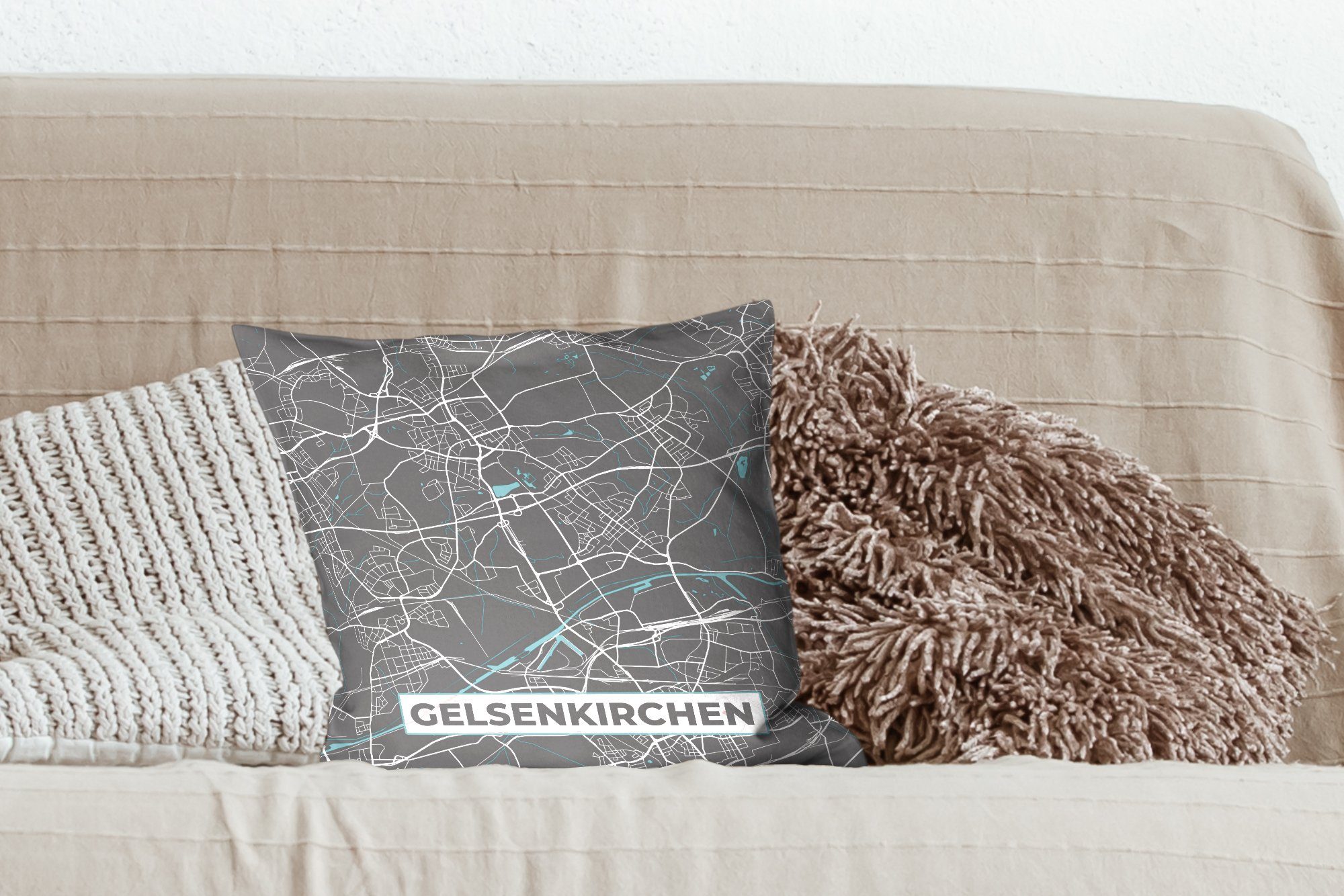 MuchoWow Dekokissen Stadtplan - - Füllung Zierkissen - Gelsenkirchen Deutschland für Karte, Wohzimmer, mit Deko, Schlafzimmer, Sofakissen