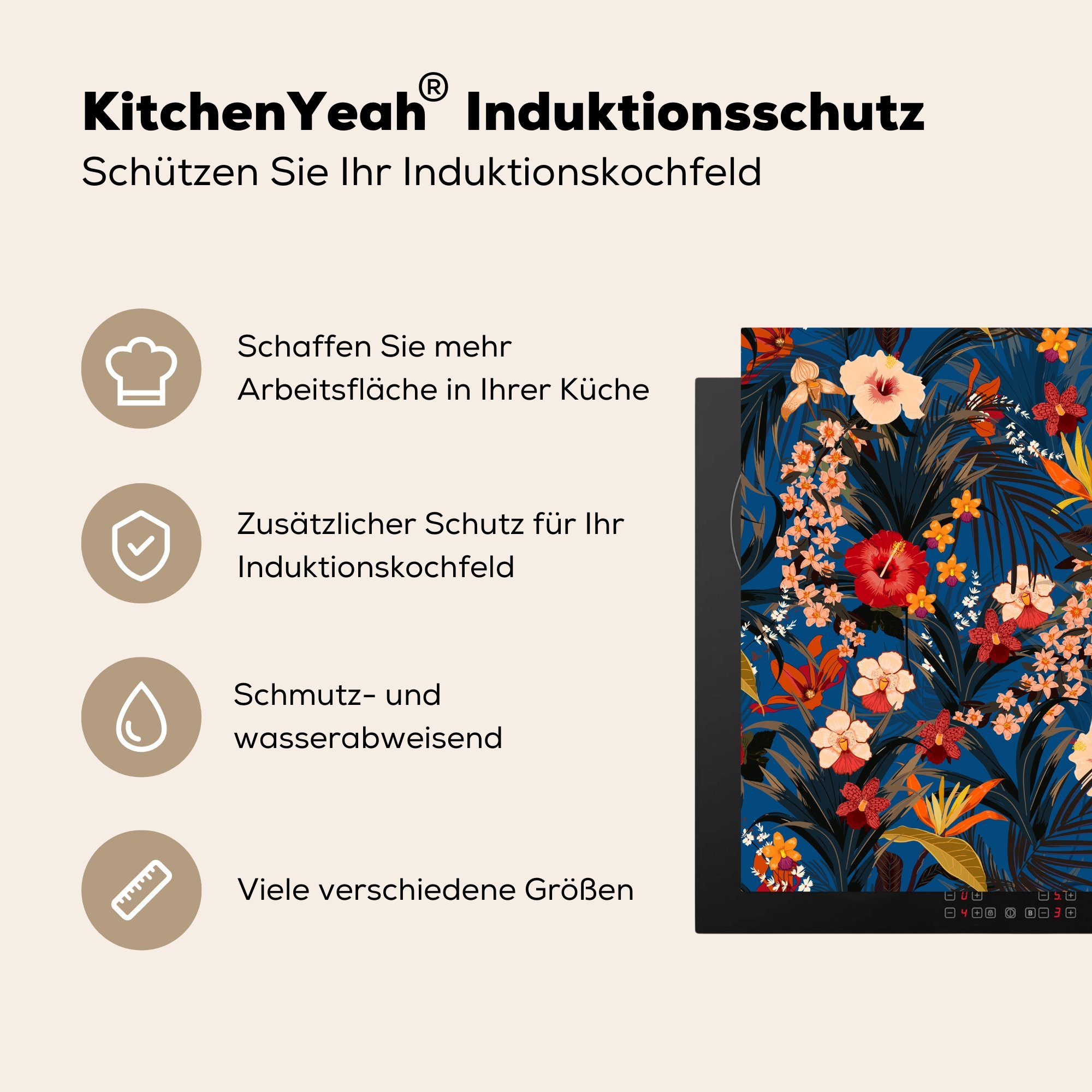 küche 78x78 Muster, Herdblende-/Abdeckplatte Vinyl, Hibiskus cm, (1 - - - für Arbeitsplatte Blumen MuchoWow tlg), Ceranfeldabdeckung, Tropisch