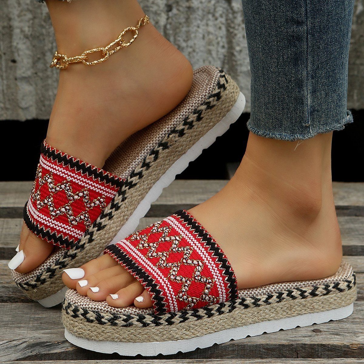 Slip Weben Frauen Strand Sandalen Rot Pantolette Offene YOOdy~ Wedges On Sandalette Zehe