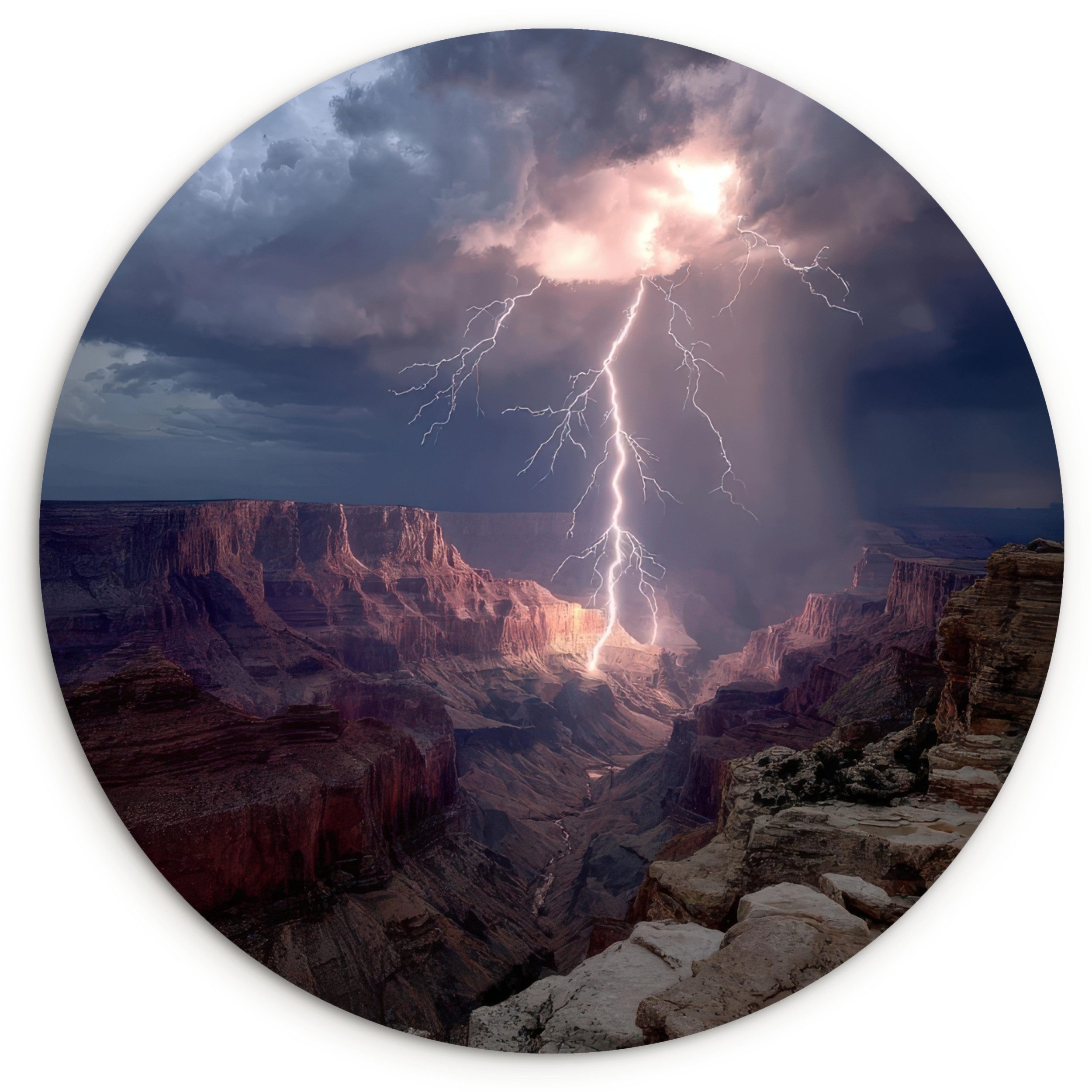MuchoWow Gemälde Blitze - Wolken - Schlucht, Fotodruck (1 St), Kreis Wanddekoration, Rundes Wandbild, 30x30 cm