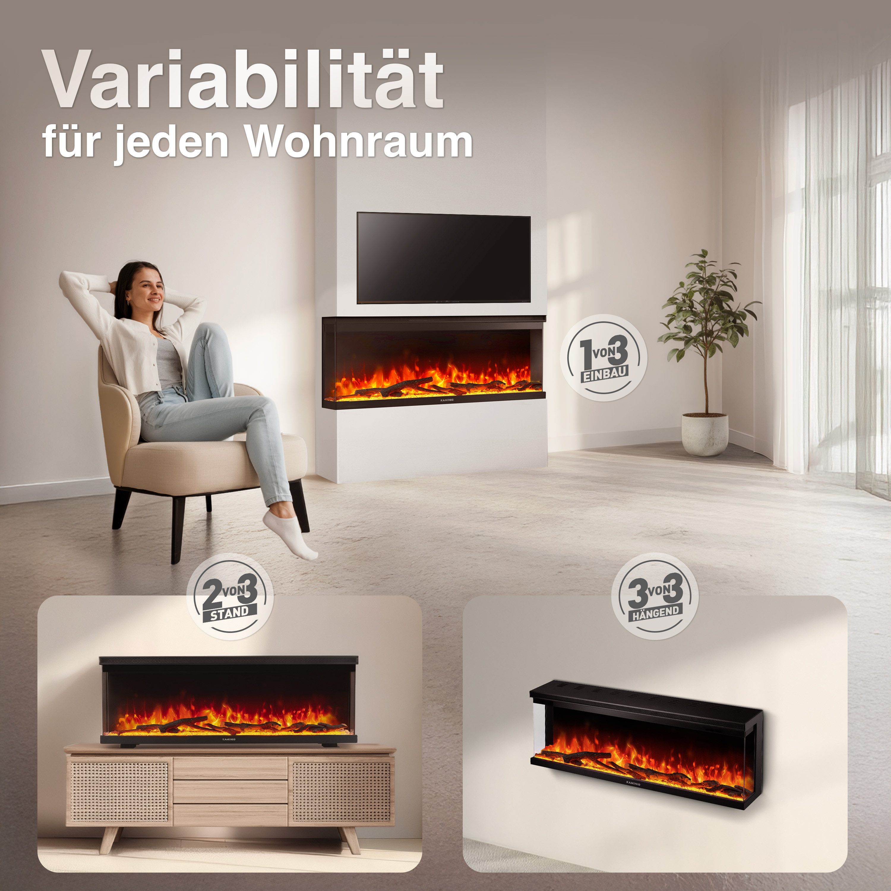 KAMINIO Elektrokamin LEA, 3in1 Kamin: Elektrischer Stand-, Wand- und Einbaukamin, Panoramaview