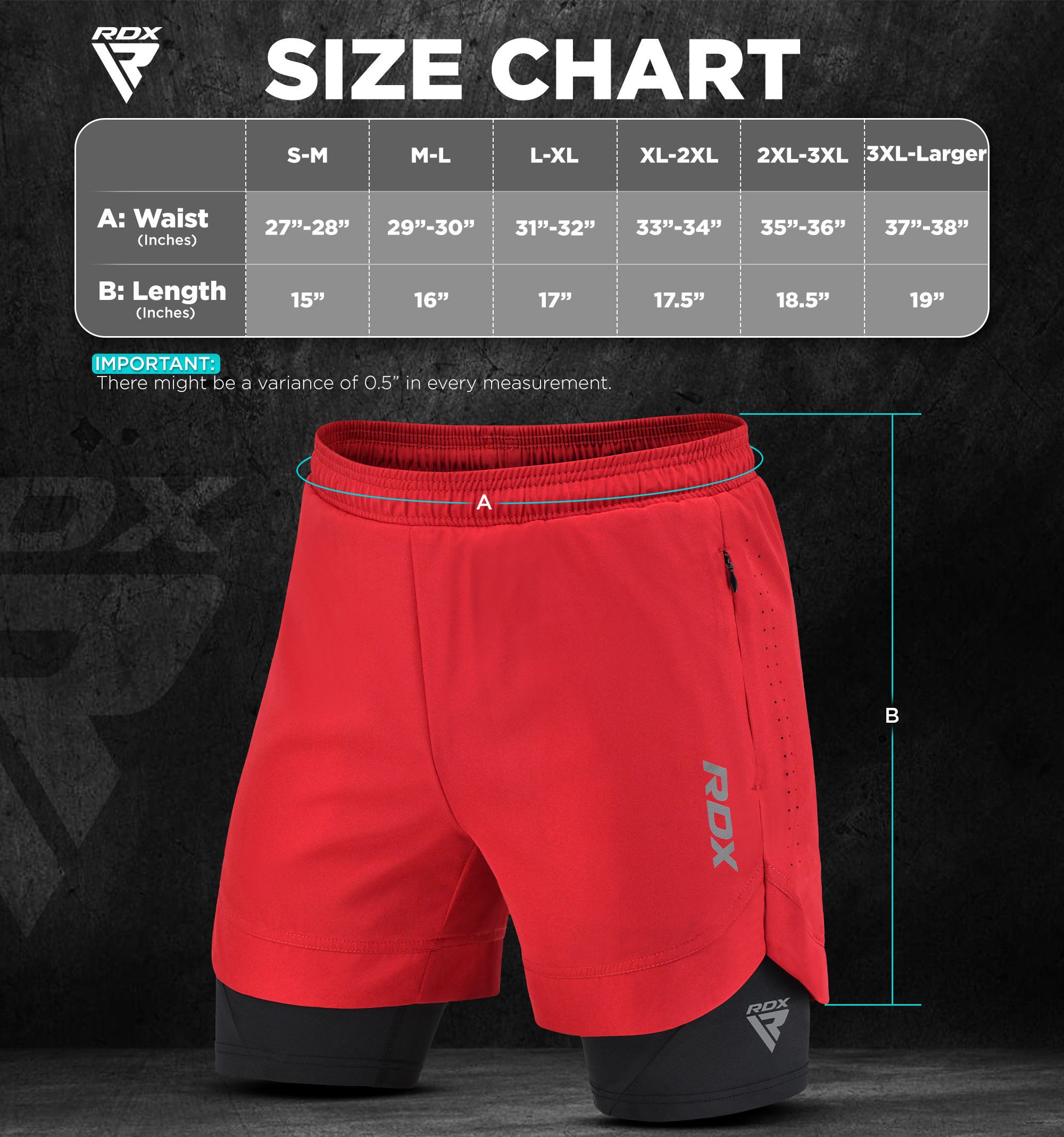 RDX Sports Laufshorts RDX Herren Laufshorts, 2-in-1 Sportliche Atmungsaktive Kurze (1, 1 Pack)