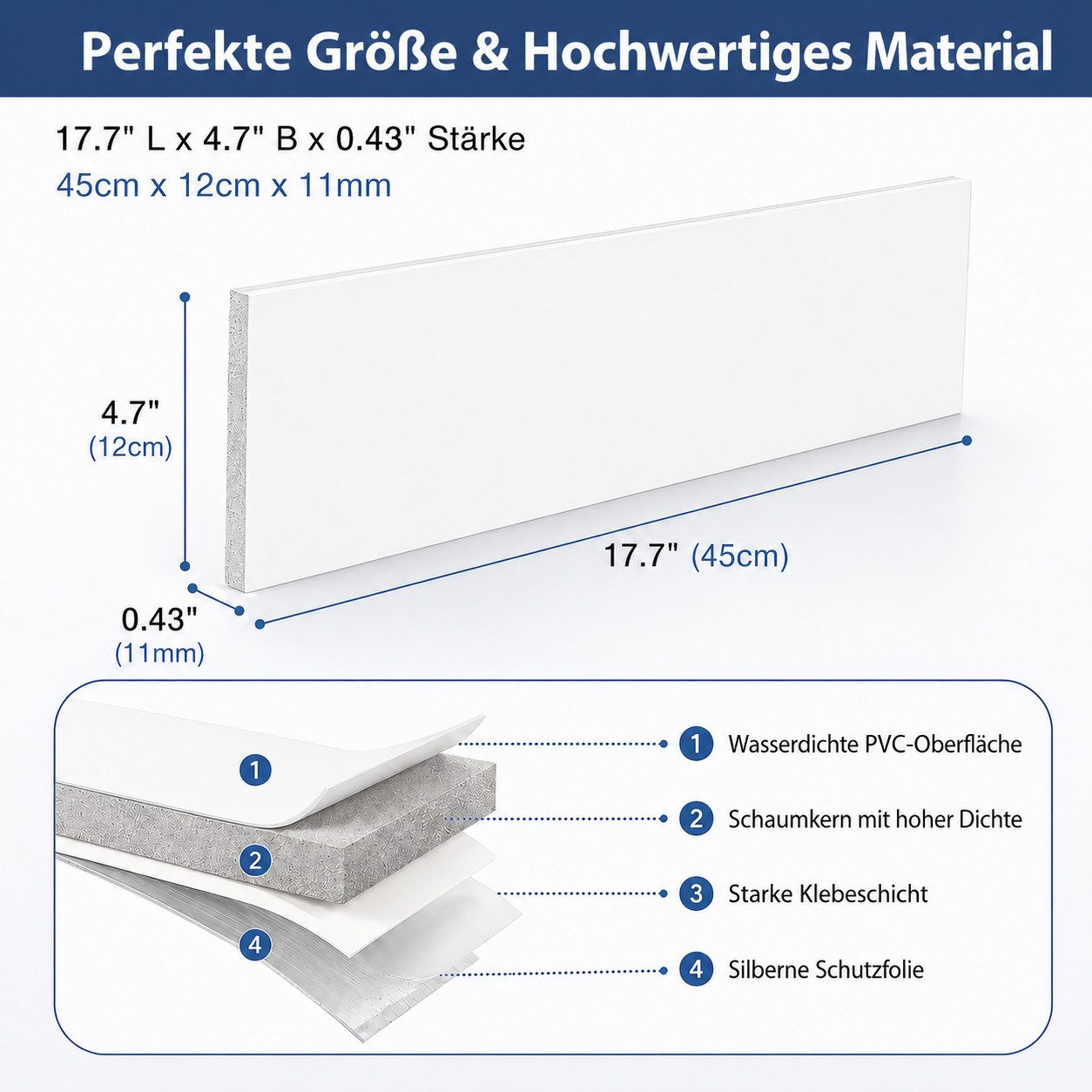 BlingBin Sockelleiste Selbstklebende, zuschneidbare Wandleiste mit PVC-Oberfläche, L: 45 cm, H: 12 cm, 5er Set, 5-St., 5 Stück, PVC Laminatleisten Fussleisten, Dekore Wandaufkleber