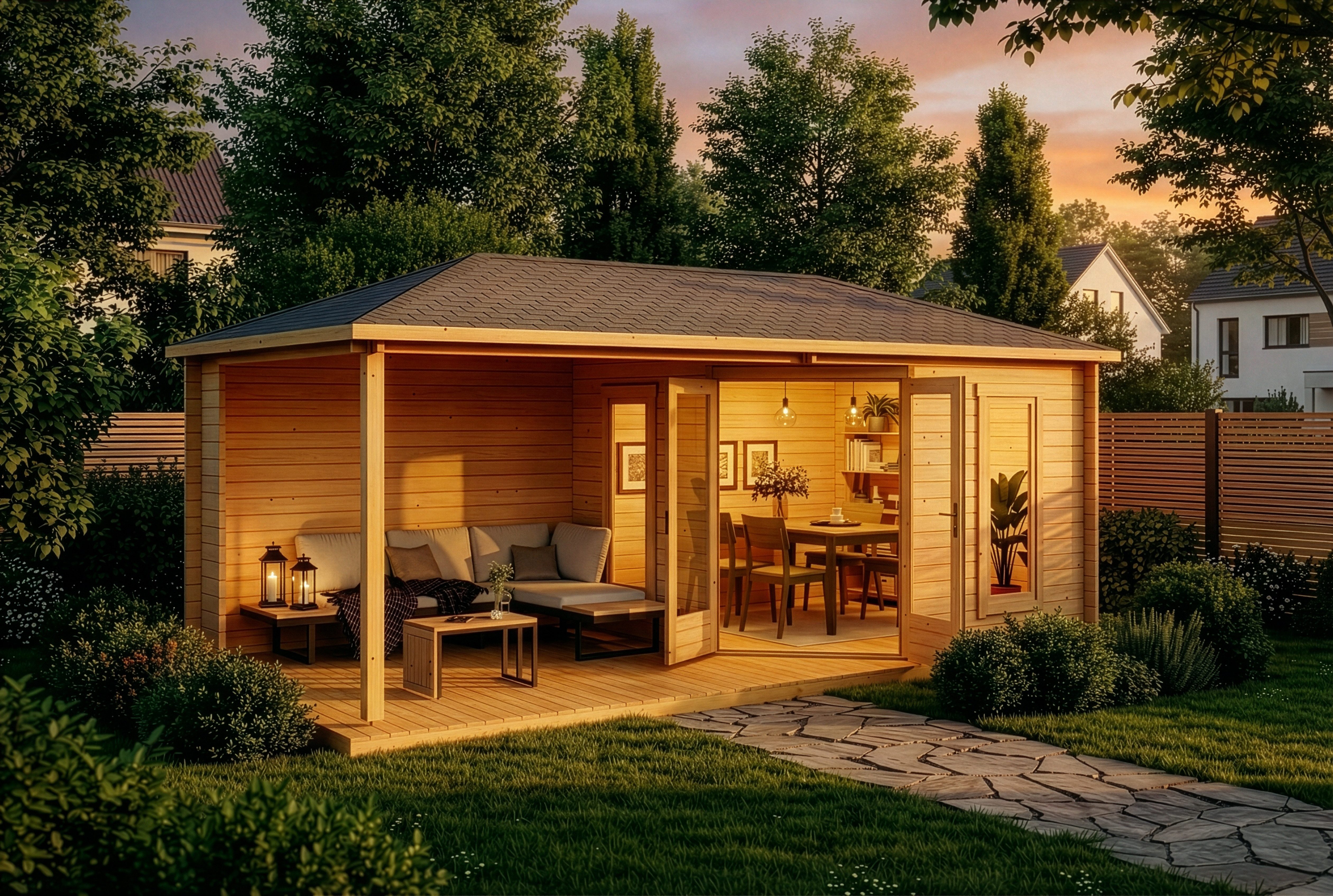 Alpholz Gartenhaus Holz 5-Eck Liwa, BxT: 614x317 cm, in Imprägniert (Pinie) mit 40mm Wandstärke