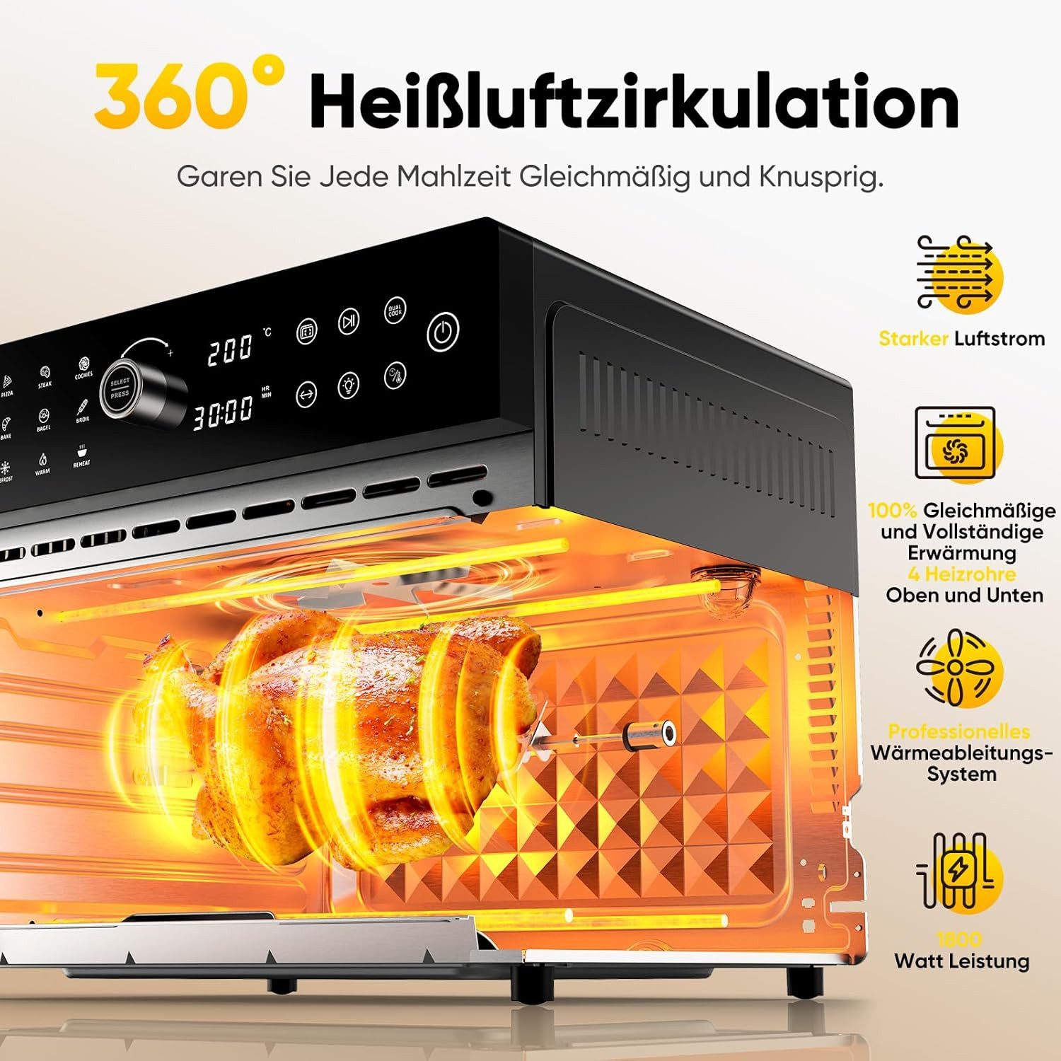 Azmsary Minibackofen 30L XXL-Heißluftfritteuse mit Touchscreen, 1800W & 20 Programmen, LED-Smarttouch, 30L Dual-Kochsystem, 7 Profi-Zubehör. – Bild 2 von 5