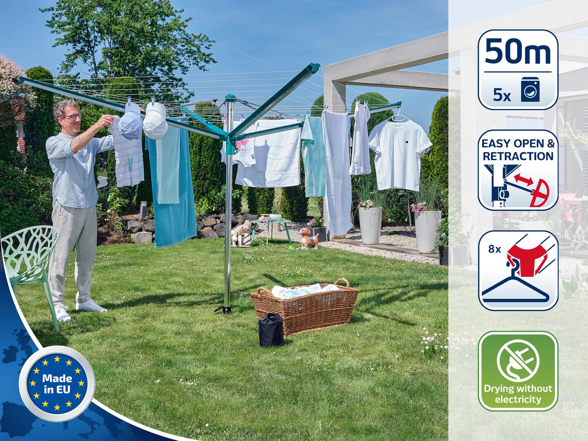Leifheit Wäschespinne Wäscheschirm Linomatic 500 Deluxe Cover, 50m Leinenlänge, Leinenautomatik, einfaches öffnen, Schutzhülle