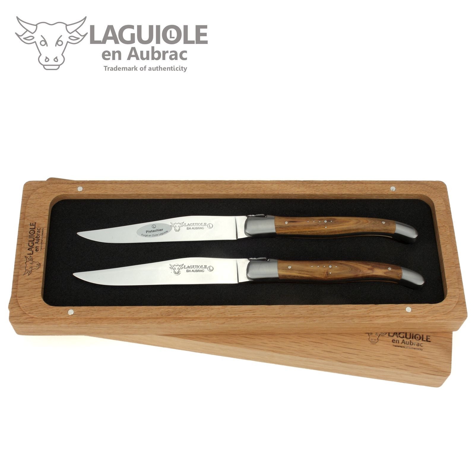 Laguiole en Aubrac Steakmesser 22C99PIIH 2er Set - Griff Pistazie - Backen matt - Klinge glänzend - Holzbox