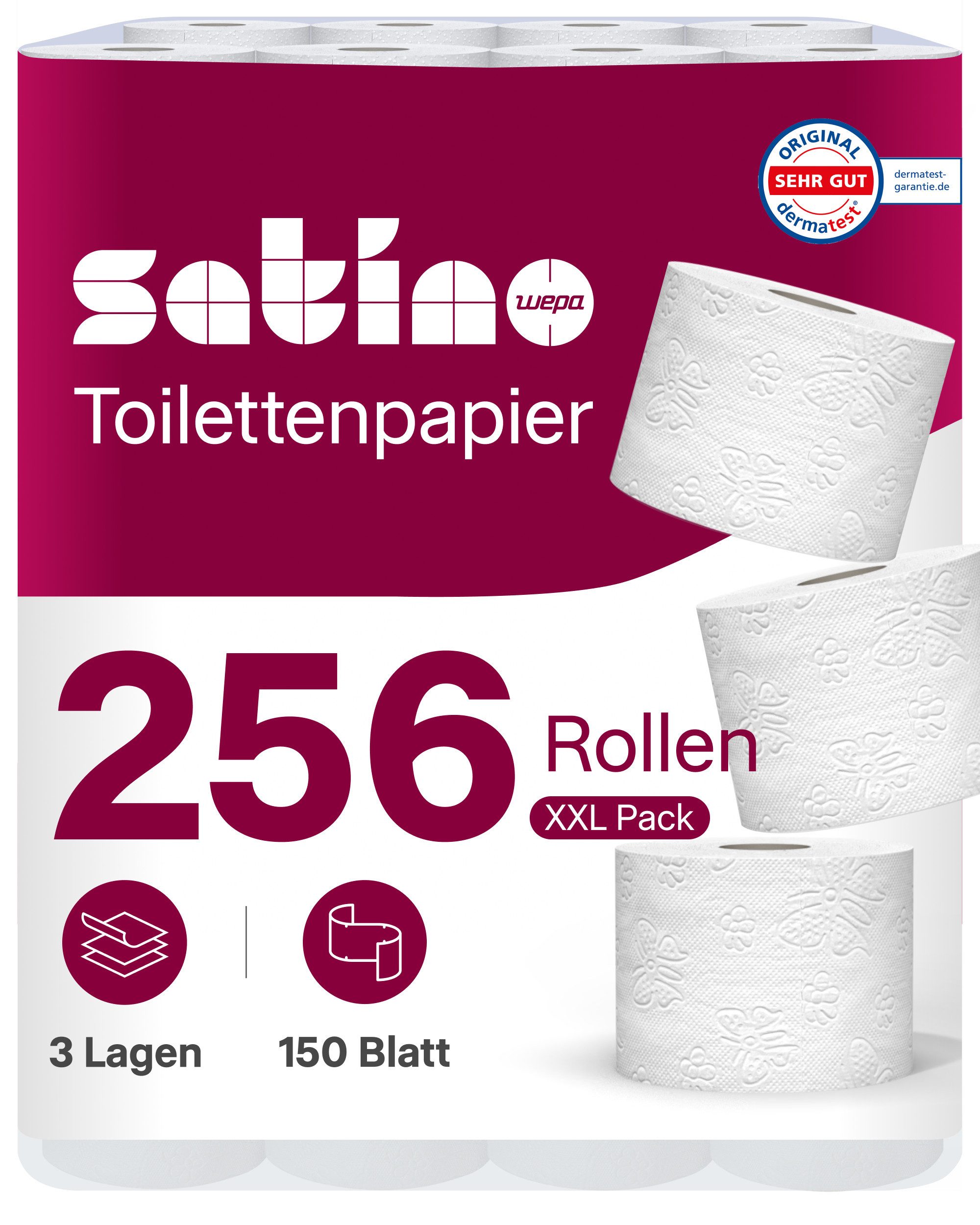 Satino Toilettenpapier 3-lagig - 128 Rollen (256-St. 128 Rollen á 150 Blatt)