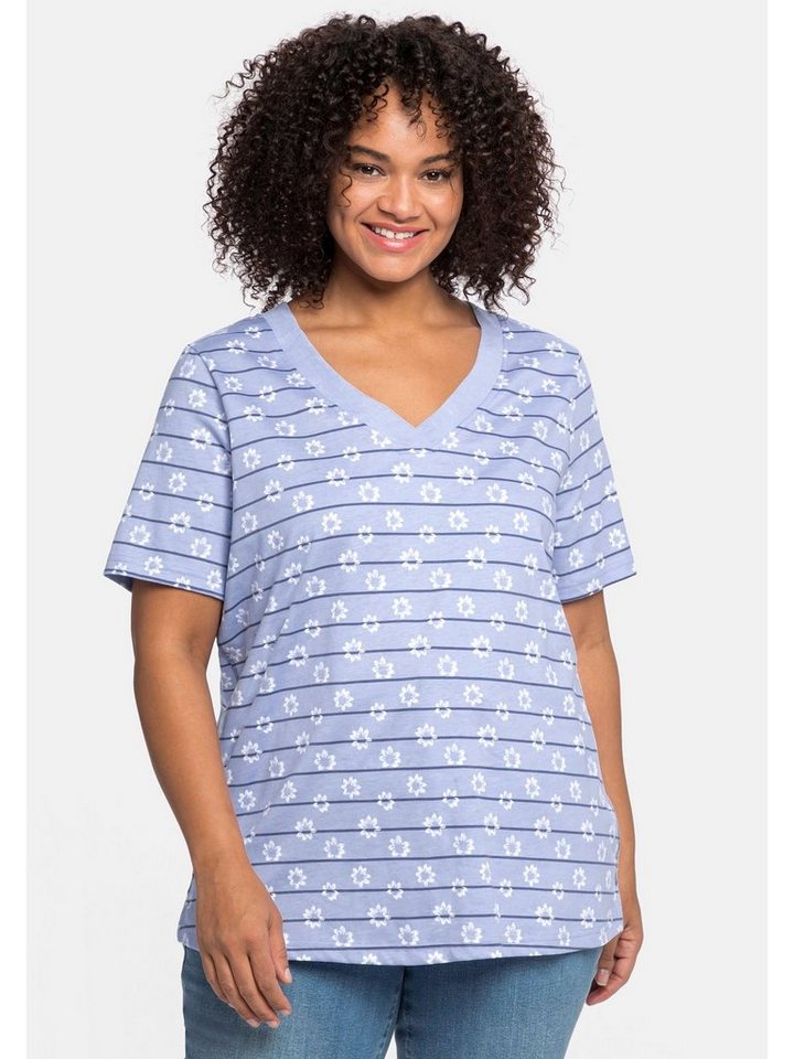 Sheego T-Shirt Große Größen mit Streifen, Blumendruck und V-Ausschnitt