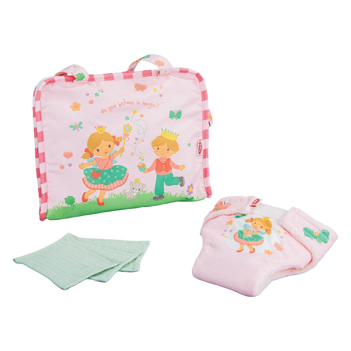 Heless Babypuppe Puppen-Wickeltasche Prinzessin Emily mit Stoffwindel und 3 Stück Mullt