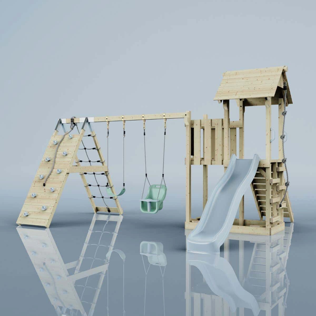 OutdoorToys Spielturm Roskilde, aus Holz in Eisblau mit Babyschaukel