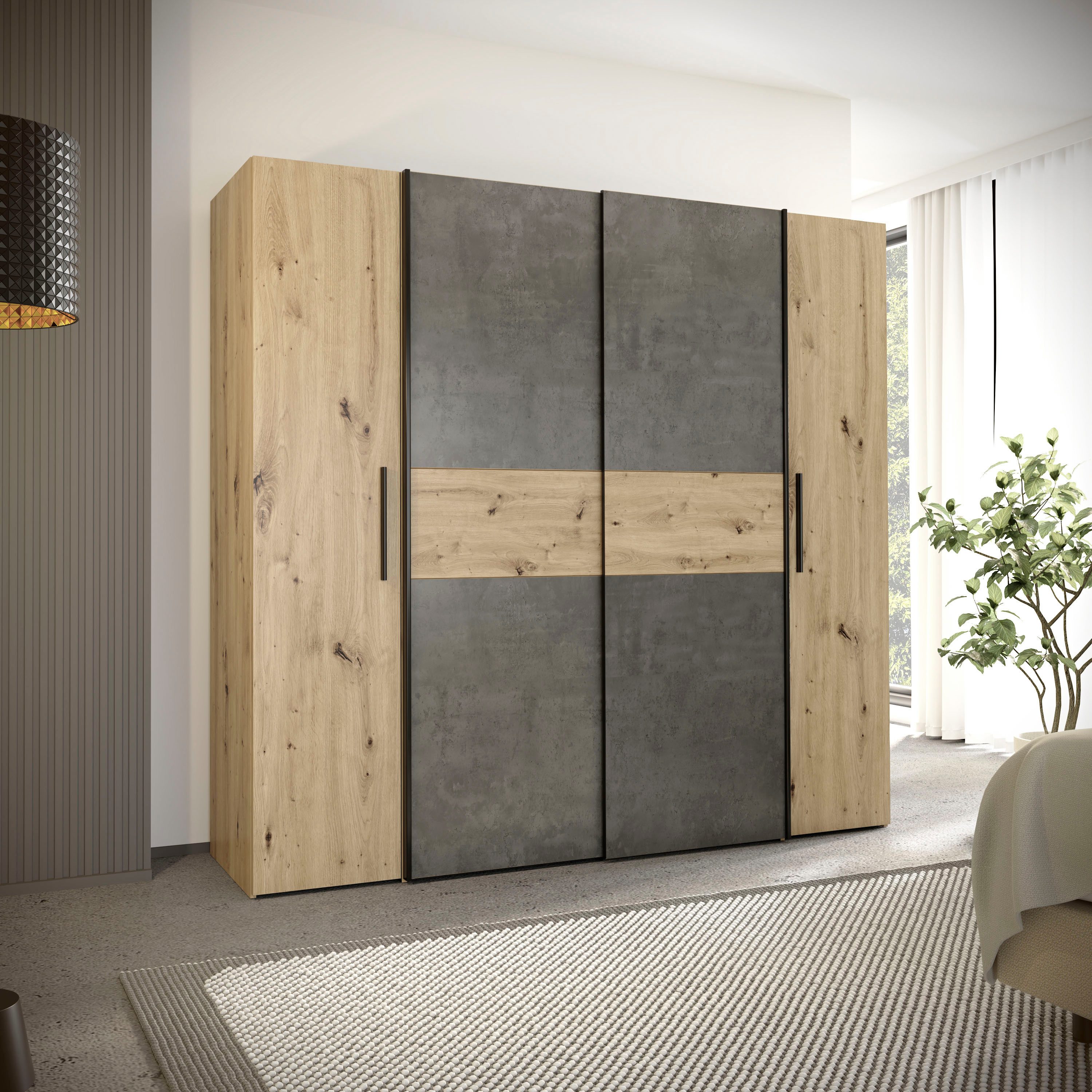 FORTE Kleiderschrank Kalixtus, Made in Europe (B/H/T ca. 200x190x60 cm, 2 Schiebetüren, 2 Drehtüren, 8 Einlegeböden) Kombination aus Dreh- und Schwebetüren, mehrere Farben