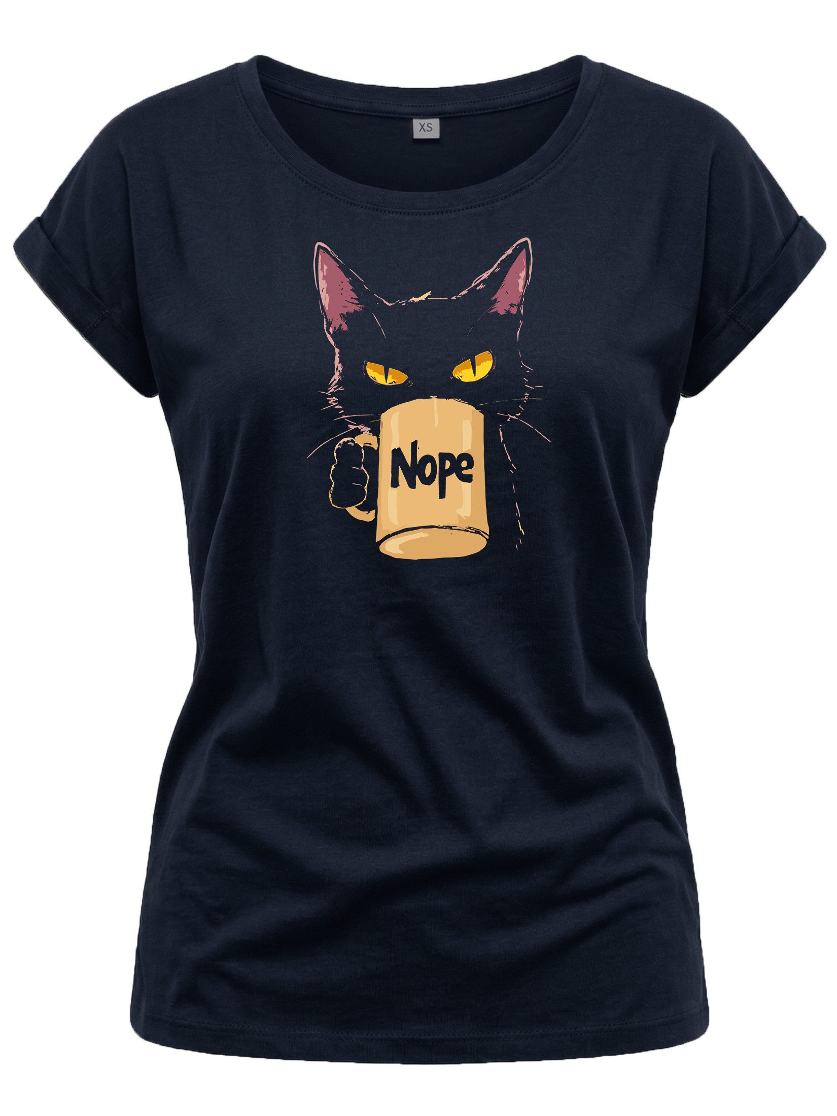 T-Shirt Lustiges Damen T-Shirt mit Katze und Kaffeetasse, Nope Spruch