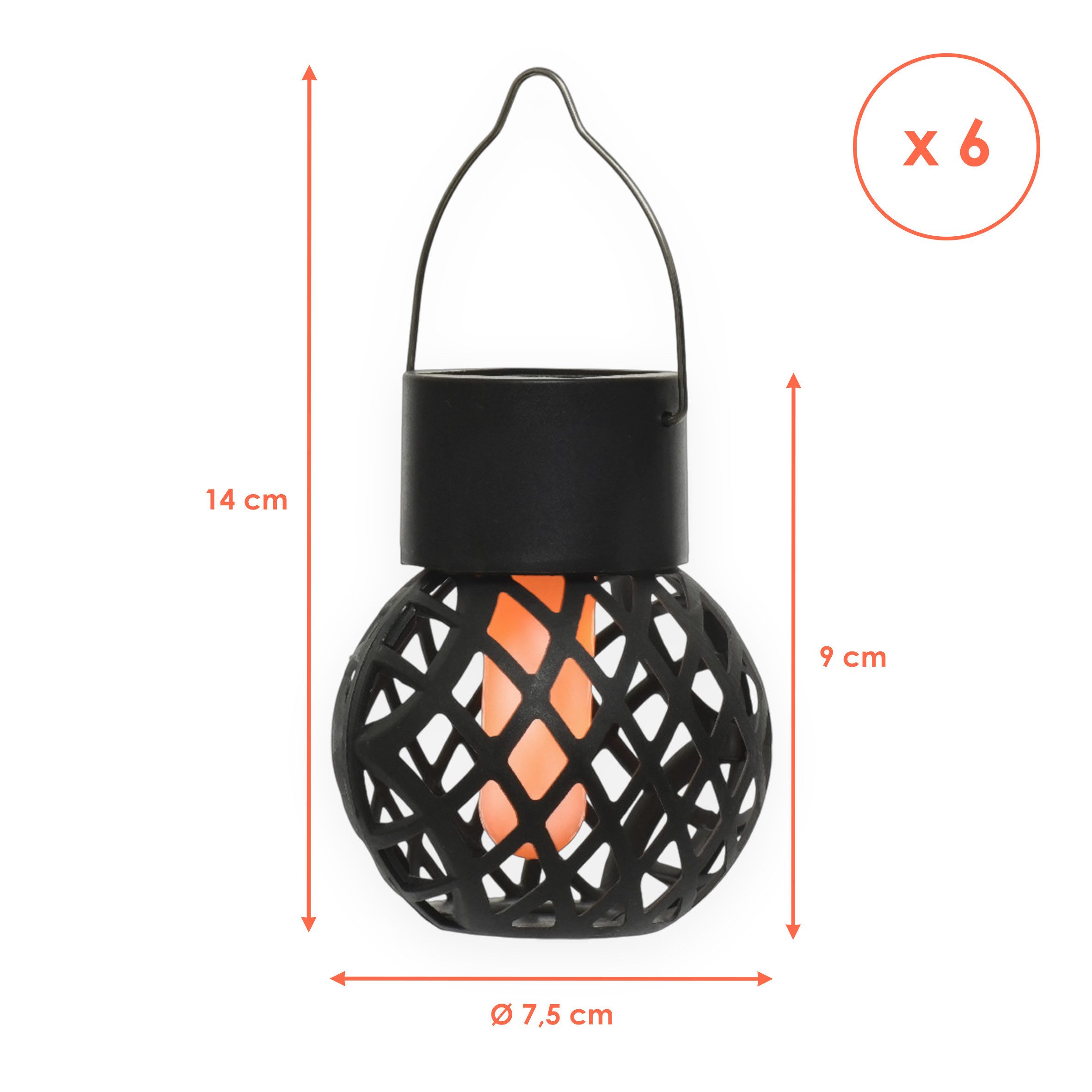 Spetebo LED Laterne Solar Mini Hängeleuchten 9 x 7 cm mit Flammeneffekt 6er Set, mit Metall-Bügel zum Aufhängen, LED fest integriert, orange (feuerfarben), Dämm – Bild 2 von 5