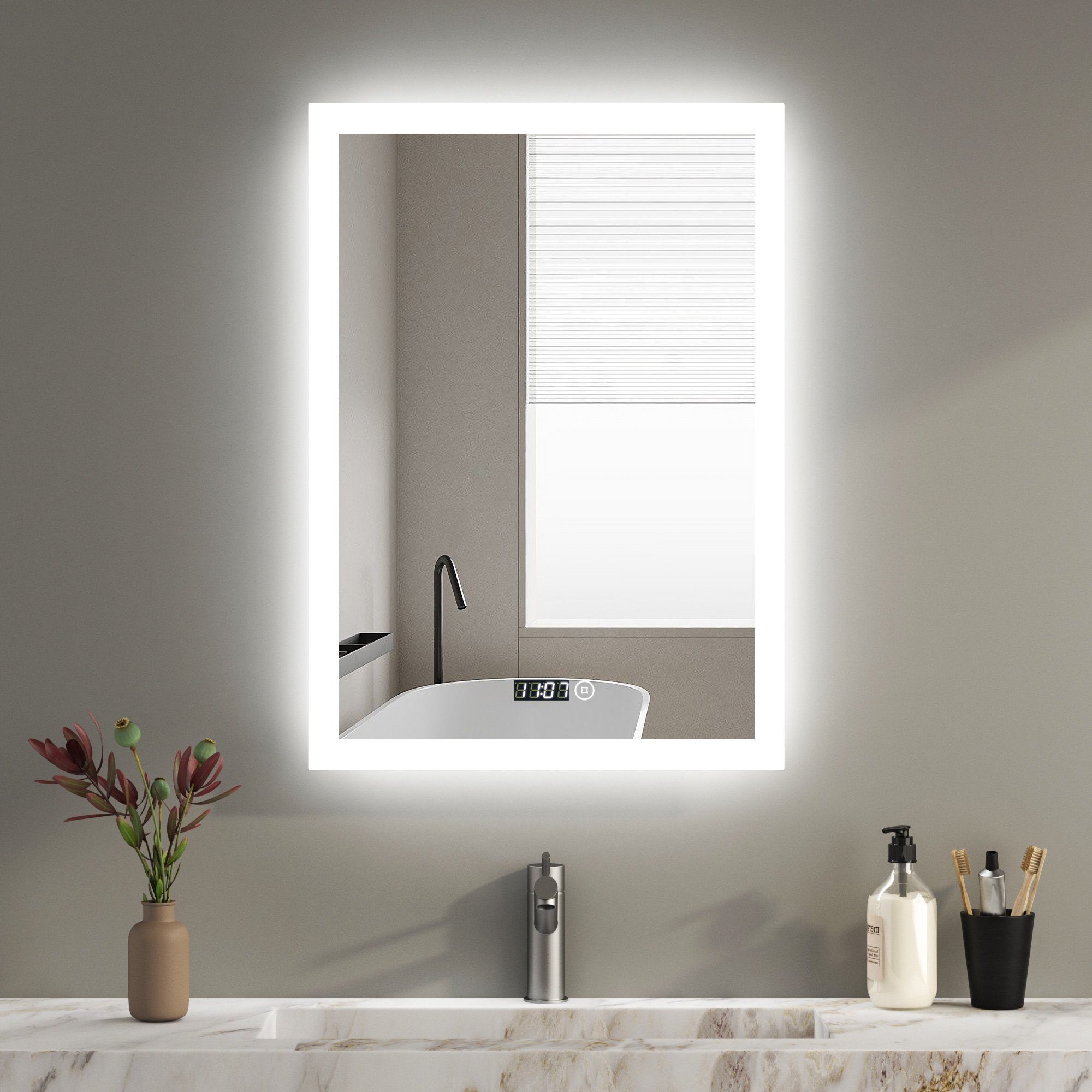 WDWRITTI Wandspiegel LED Badspiegel 50x70 Uhr Touch 3Lichtfarben Dimmbar Memrory (Wandspiegel mit Beleuchtung, 3000K/4000K/6500K), Energiesparende, IP44