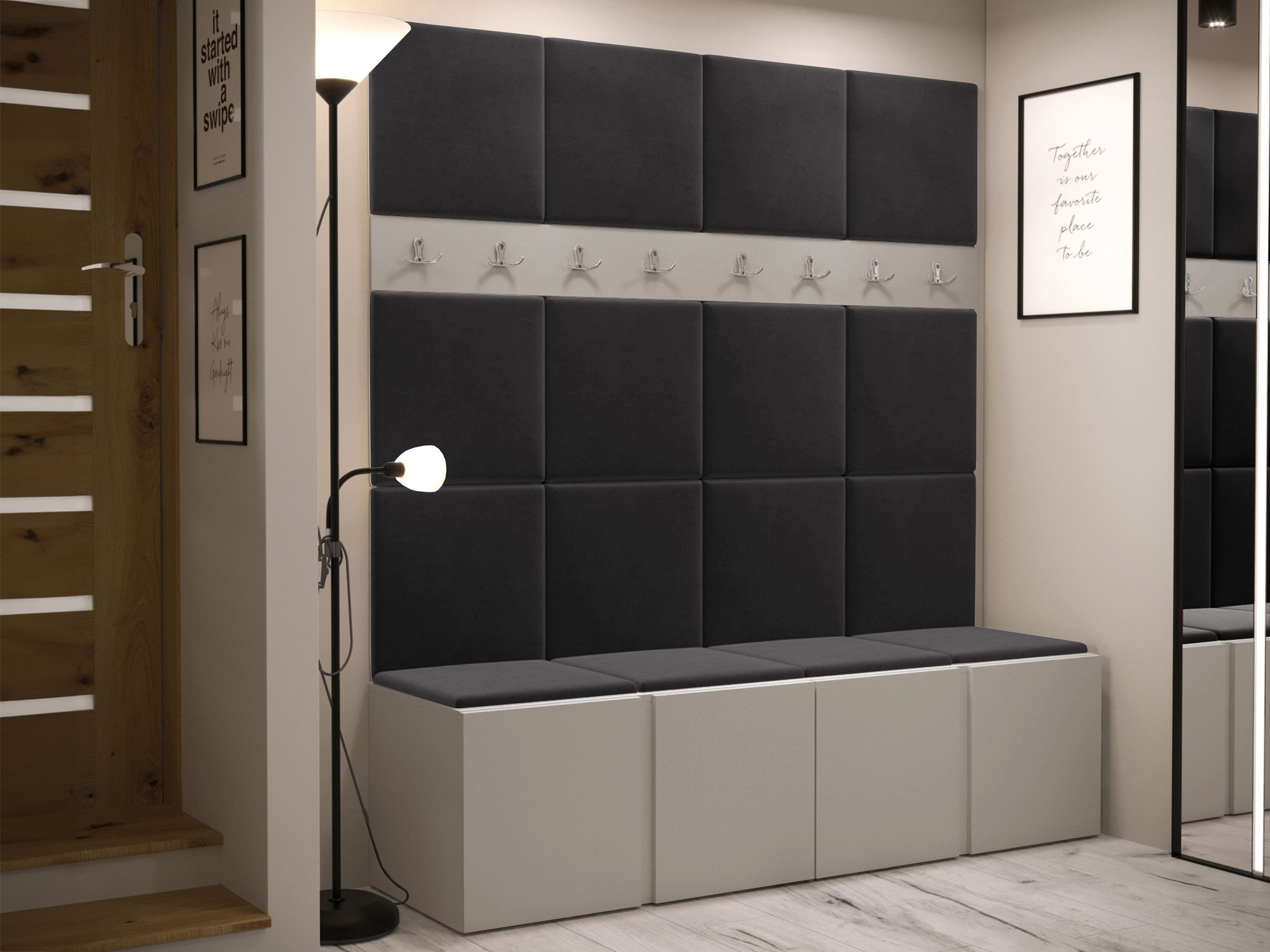 MIRJAN24 Garderoben-Set Orion V, (Komplett-Set, 2x Schuhschrank, 2x Kleiderhakenbrett, Gepolstertes Paneel 16x 42x42), Auswahl aus Fronten und Polsterplatten