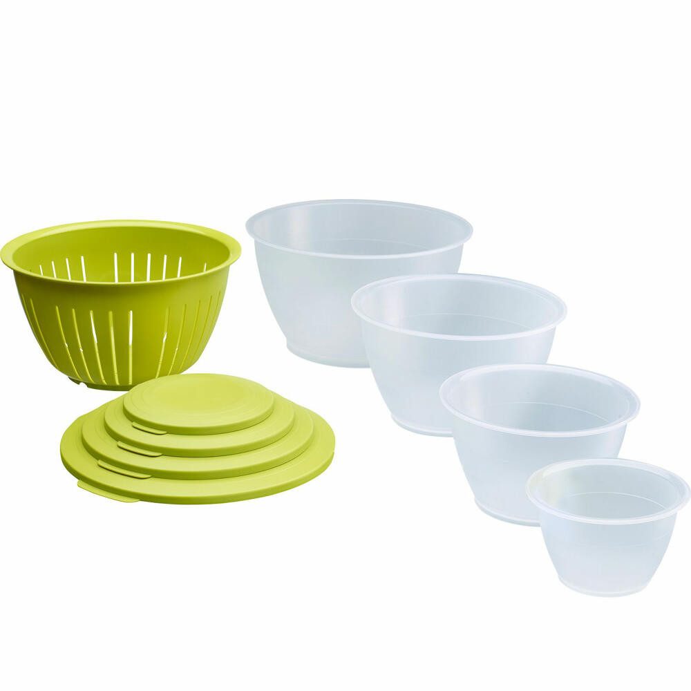 WESTMARK Schüssel / 9-teiliges Set: 4 Schüsseln inkl. Deckel & Sieb/Seiher, transparent, PP, Made in Germany, spülmaschinengeeignet, BPA-frei, platzsparend