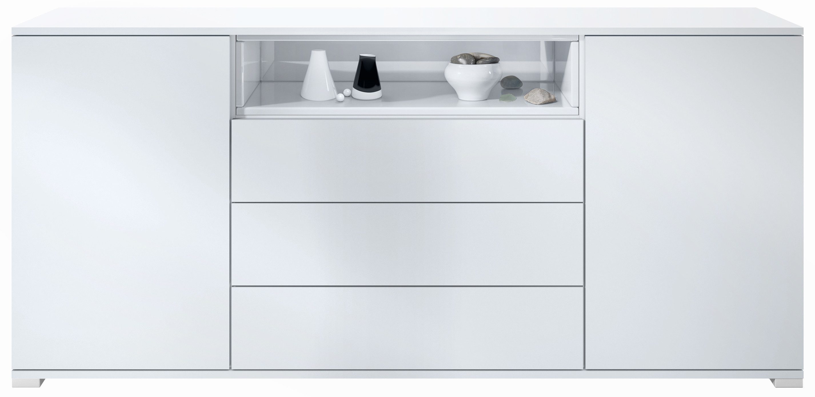 Vladon Sideboard Skadu V4 (Kommode, mit 2 Türen, 3 Schubladen und 1 offenem Fach), Weiß matt/Weiß Hochglanz (166,5 x 75,5 x 35 cm)
