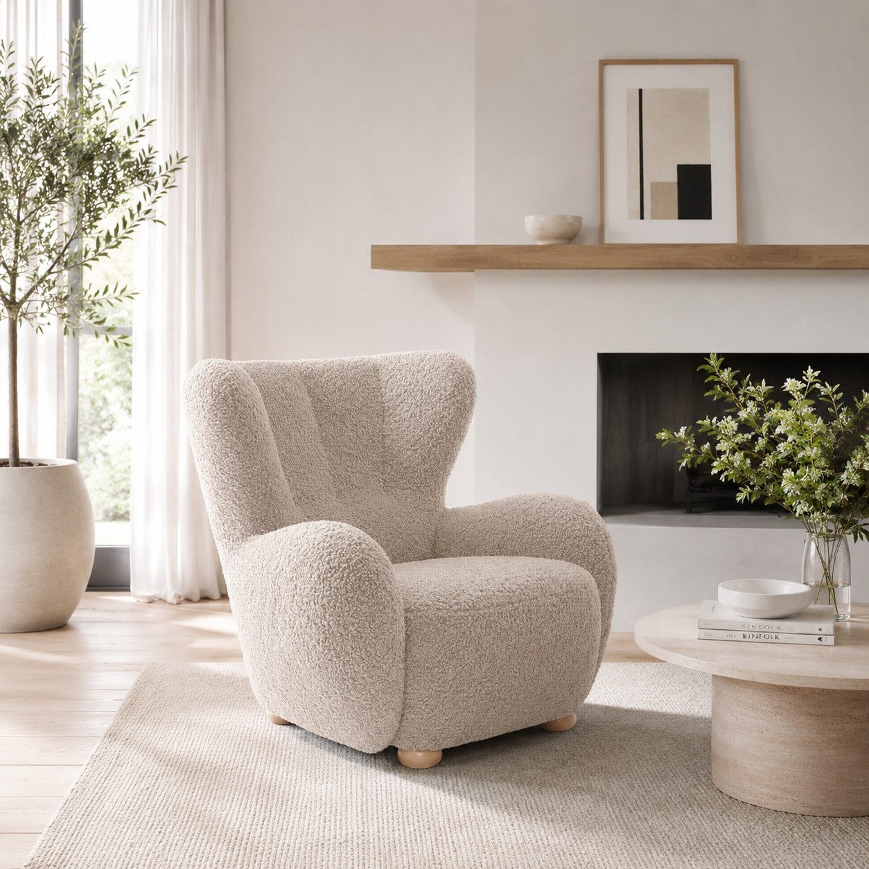 Goldstoff Sessel HUGSY Relaxsessel Boucle mit hoher Rückenlehne – Skandi & Boho Stil (Einzelsessel, Loungesessel), mit Relaxfunktion – Bild 2 von 5