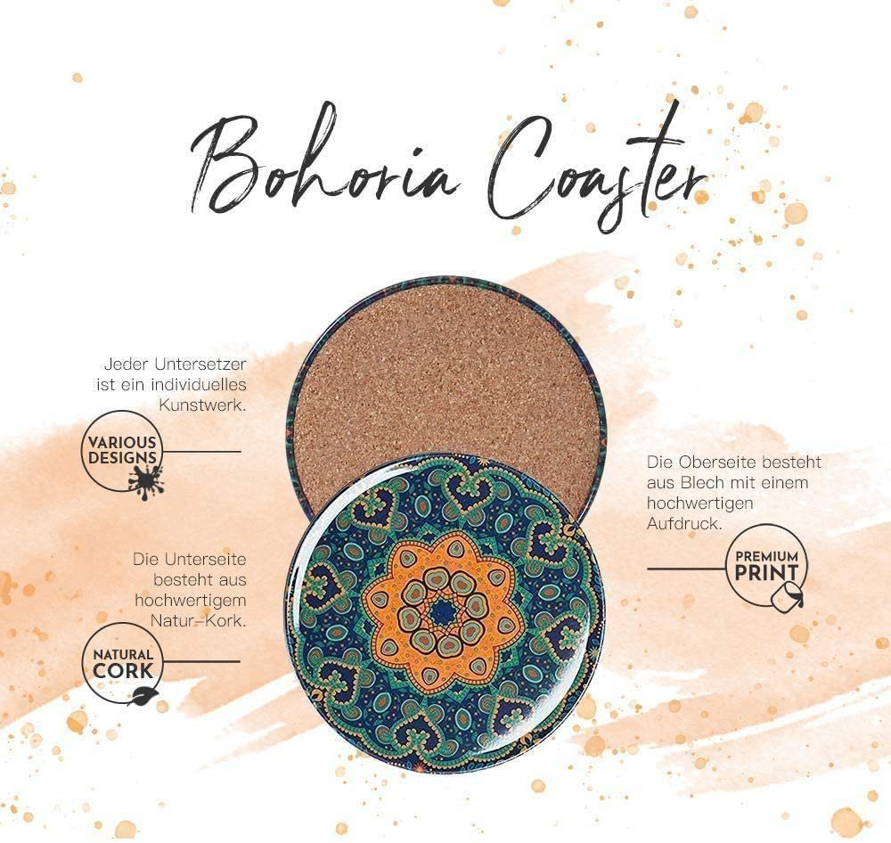 BOHORIA® (6er (rund, Premium Natur-Kork Set) BOHORIA Getränkeuntersetzer Untersetzer 9cm), Marrakech Design -