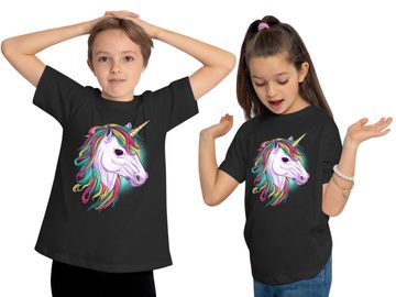 MyDesign24 Print-Shirt bedrucktes Kinder Mädchen T-Shirt - Einhorn mit bunter Mähne Baumwollshirt mit Aufdruck, i198