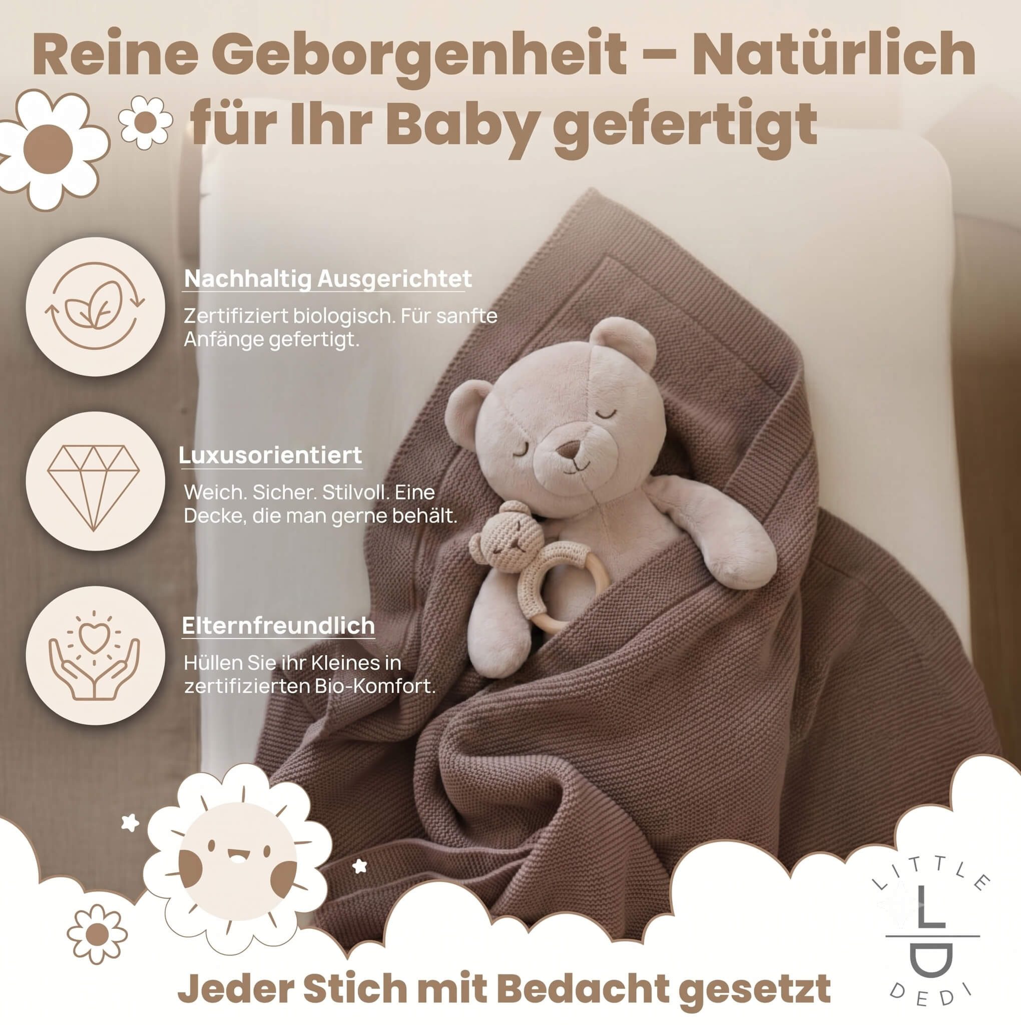 Babydecke Baby Strickdecke, %100 Bio Baumwolle, Atmungsaktiv, 80x100cm, Braun, Little Dedi