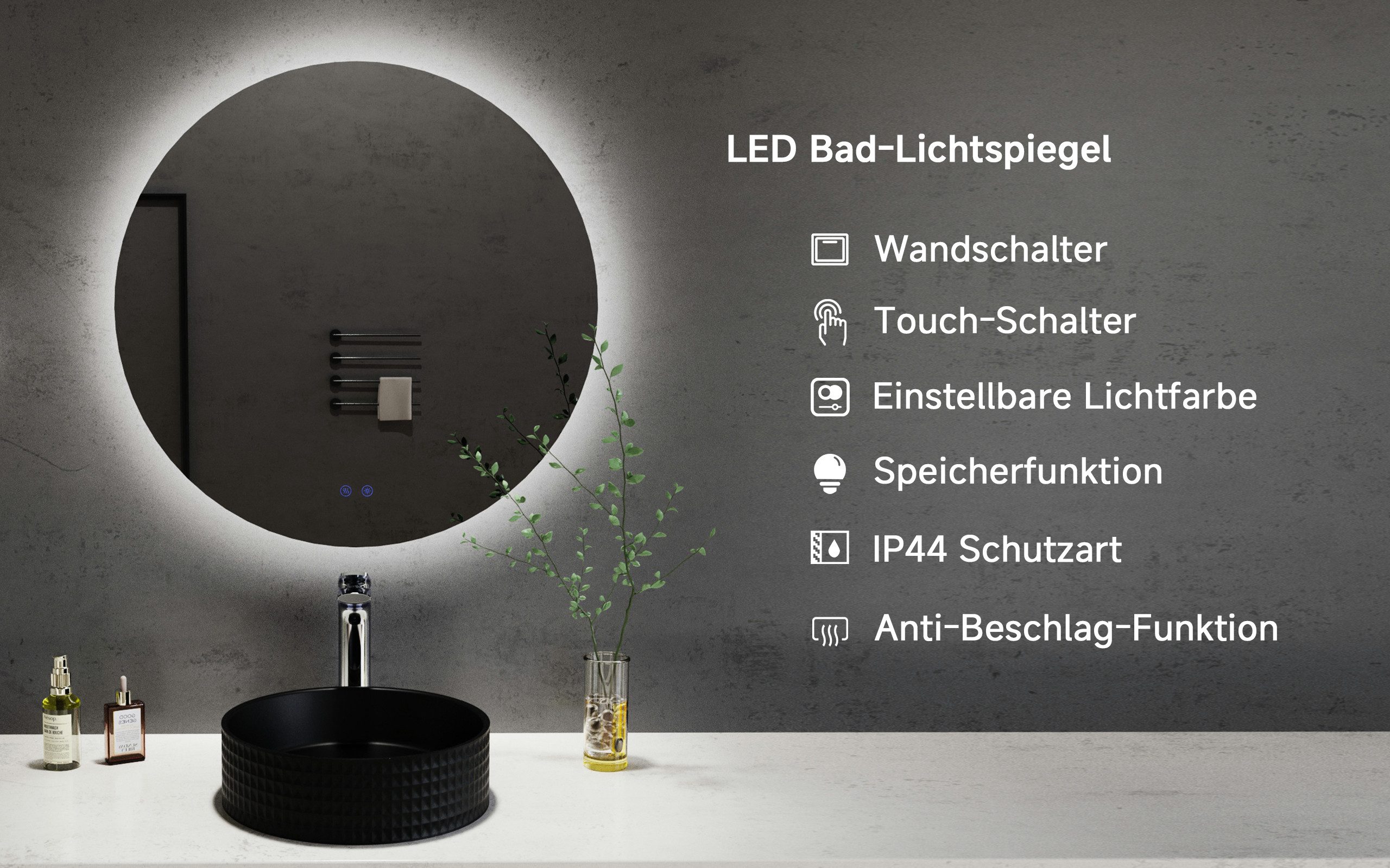 welltime LED-Lichtspiegel Toledo rund, Spiegel mit LED Beleuchtung, Badspiegel, mit Anti-Fog Beschichtung