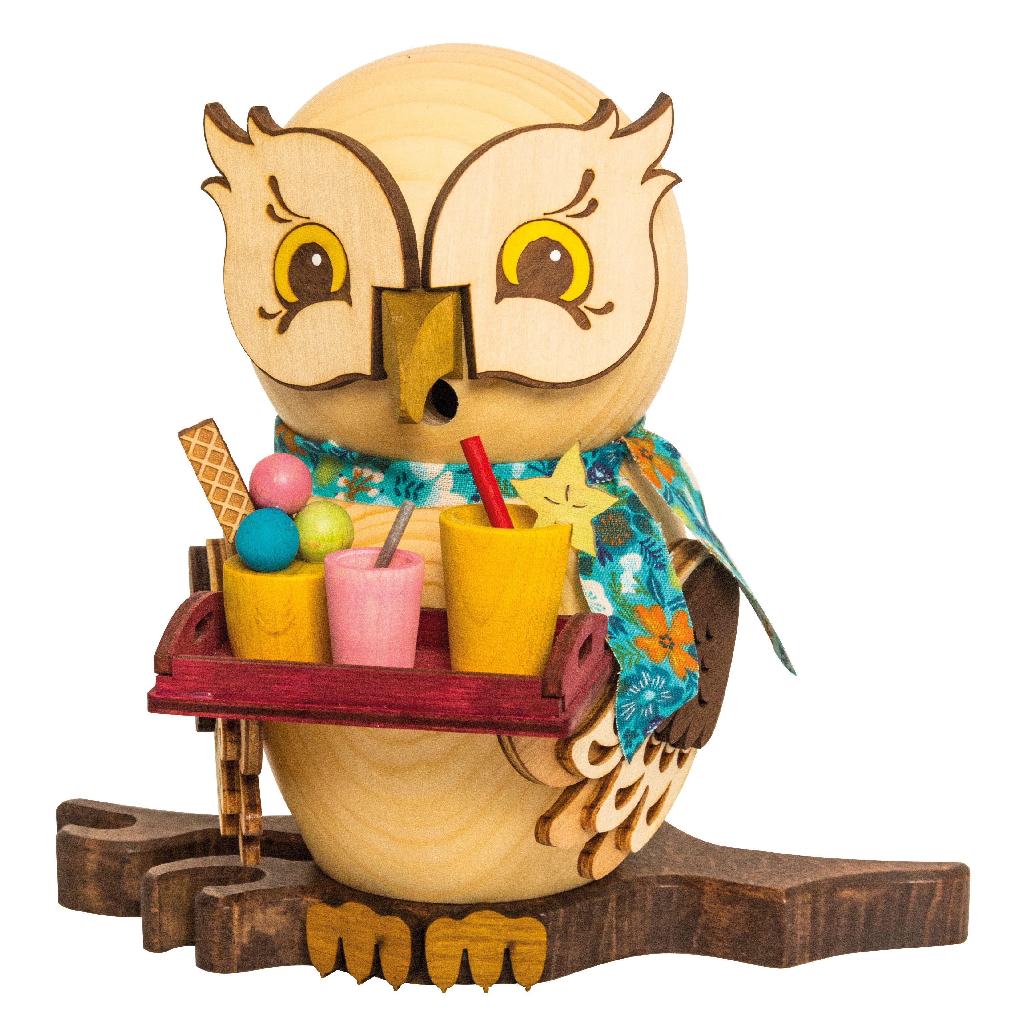 Kuhnert Räuchermännchen Eule mit Cocktails - 15 cm - aus Holz - Dekoration für Eulenliebhaber, für Räucherkerzen der Größe M (Standard) - Made in Germany