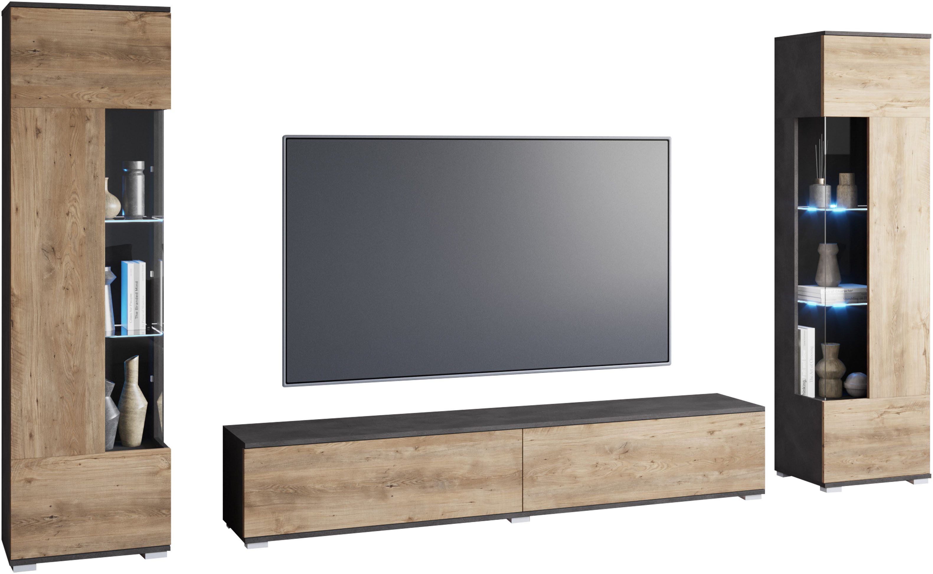 INOSIGN Wohnwand Kenia, Vitrine Türanschlag links/rechts wechselbar, (3-St) günstig online kaufen