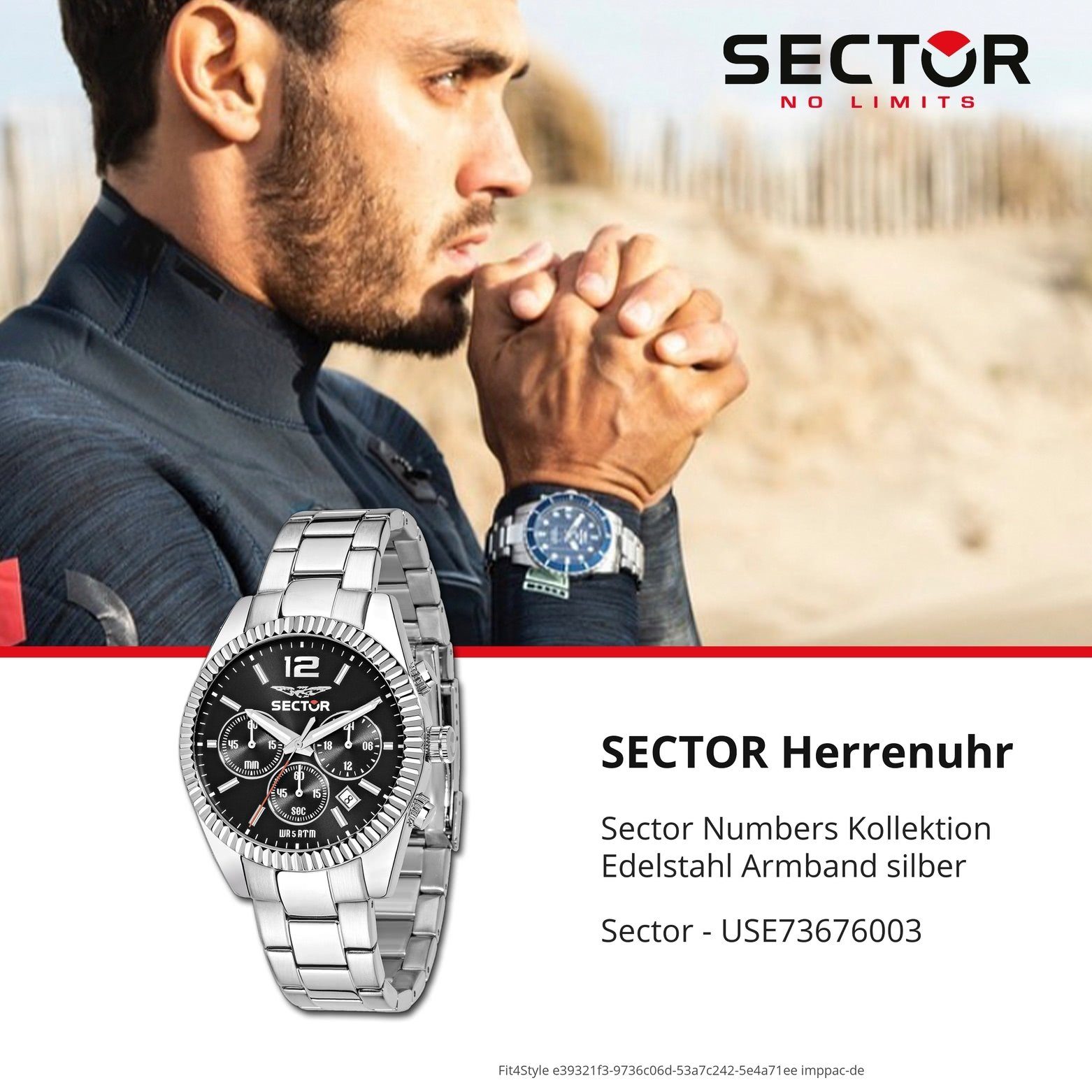 Armbanduhr Sector Herren Chronograph Armbanduhr (ca. Edelstahlarmband Fashion 43mm), silber, rund, Herren Sector Chrono,