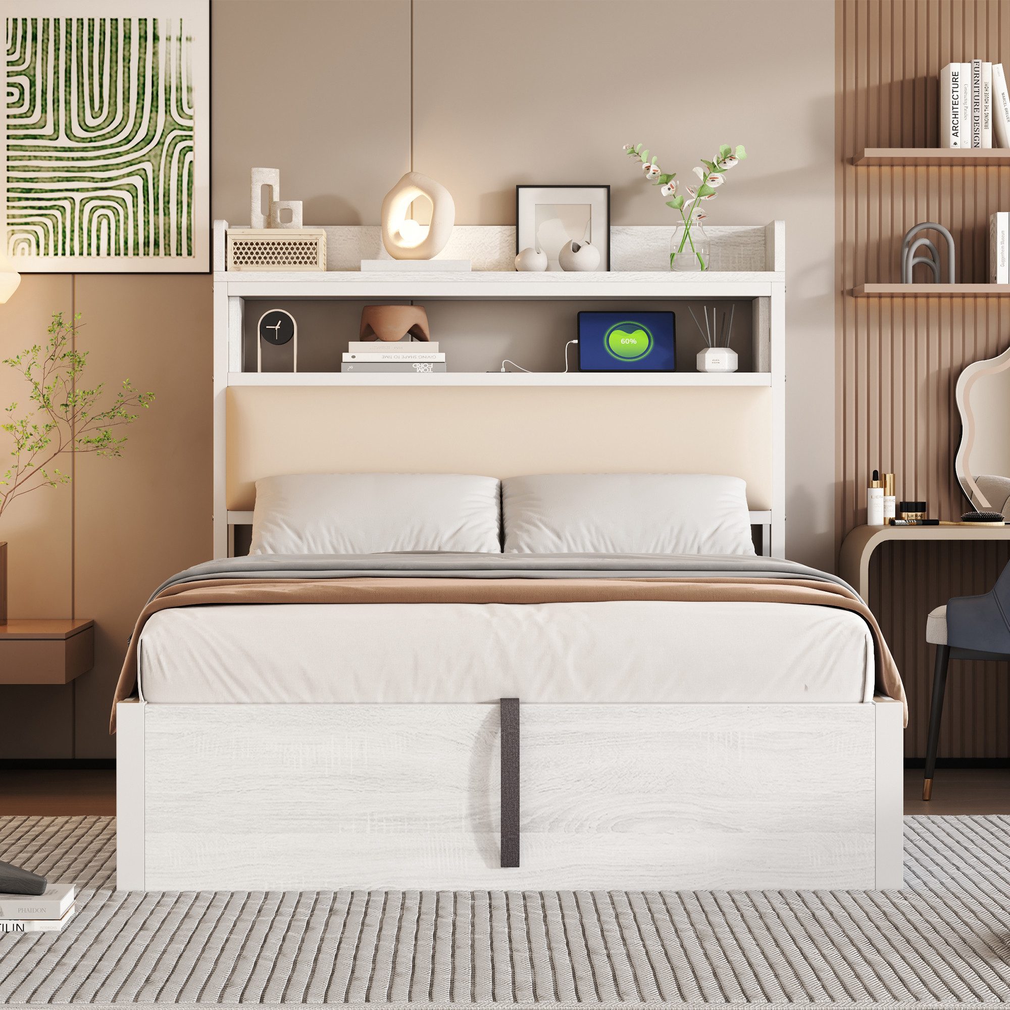 Celya Polsterbett mit Stauraum, USB und Hydraulik (ohne Matratze, gepolstertem Kopfteil, Retro-Holz- und Metalldesign), Moderne …