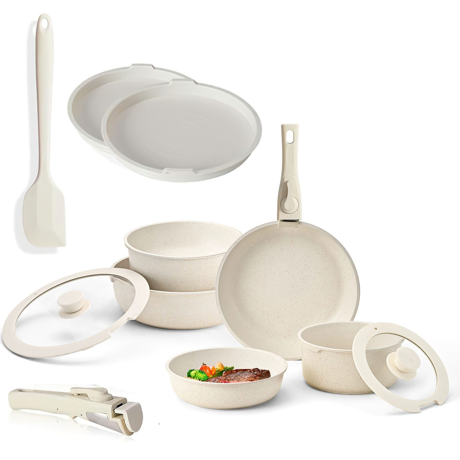 Refined Living Topf-Set 12er Set Töpfe und Pfannen mit abnehmbarem Griff stabil und wackelfrei, (Keramische Antihaft-Pfanne mit Silikonspachtel für einfache Reinigung, 12-tlg., Kochtopf mit Aufbewahrungsdeckel zum einfachen Aufbewahren von Resten), Set fü