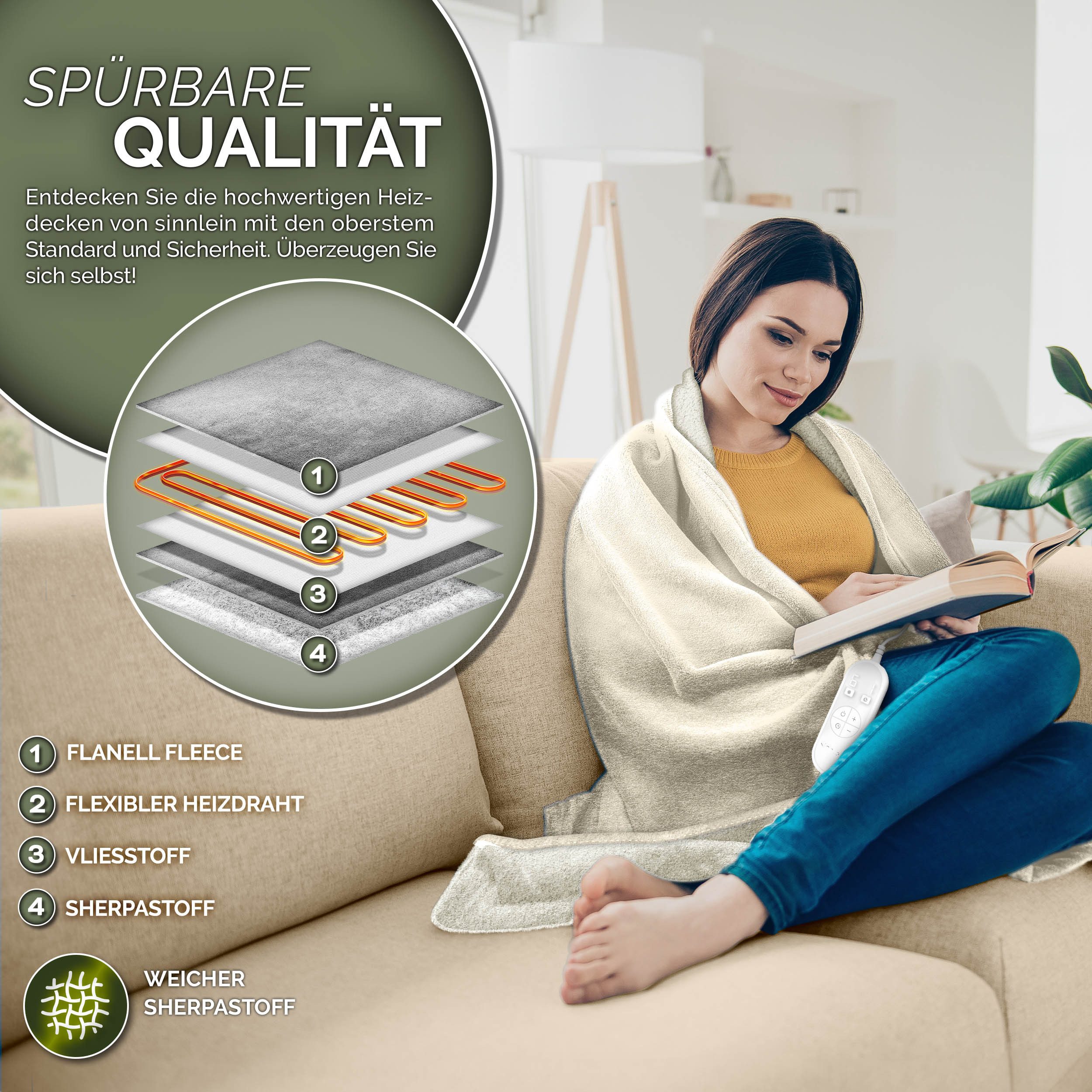 sinnlein Heizdecke mit Abschaltautomatik Elektrische Wärmedecke, mit 9 Temperaturstufen Kuscheldecke Bett, Sofa, Decke elektrisch mit Timer Digitalanzeige, 9 Temperaturstufen