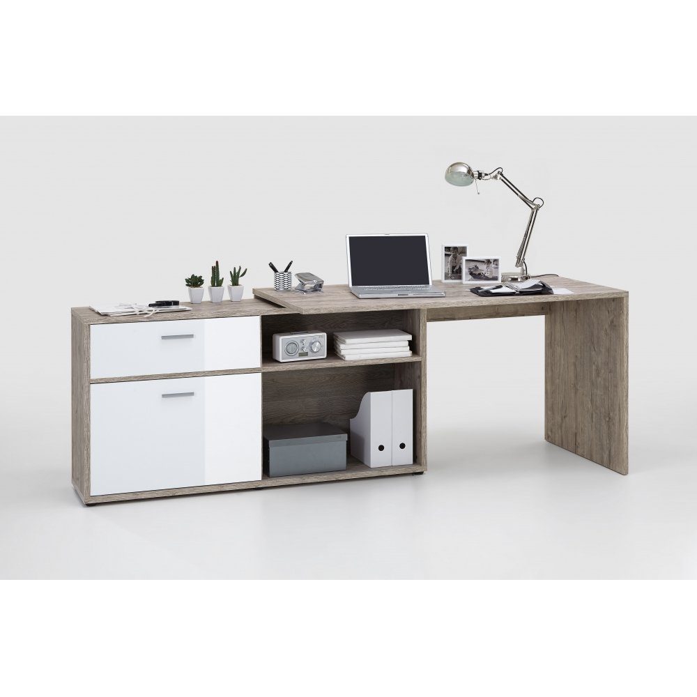 FMD Möbel Schreibtisch DIEGO Sandeiche Nb./weiß Schreibtisch Bürotisch  Eckschreibtisch Winkelschreibtisch ca. 138 x 140 cm