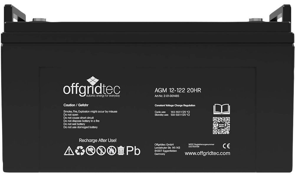 offgridtec AGM Solarbatterie Solarakkus 122000 mAh (12 V, 1 St),  Schraubbare M8-Terminals