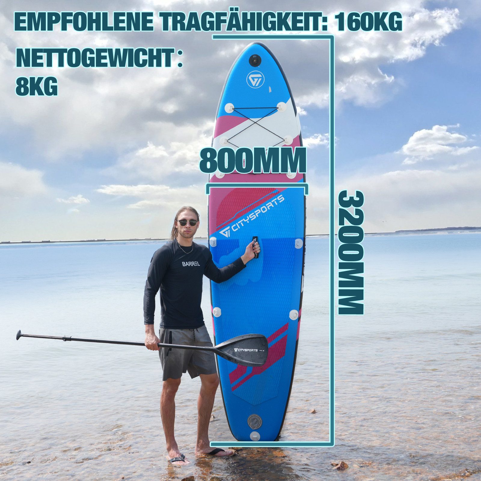 CITYSPORTS Inflatable SUP-Board 320x80x15cm,aufblasbares Stand Up Paddle Board set bis 160 kg, Komplettset mit Paddel, Pumpe, Rucksack, Leash, Finnen & Kajak-Sitz