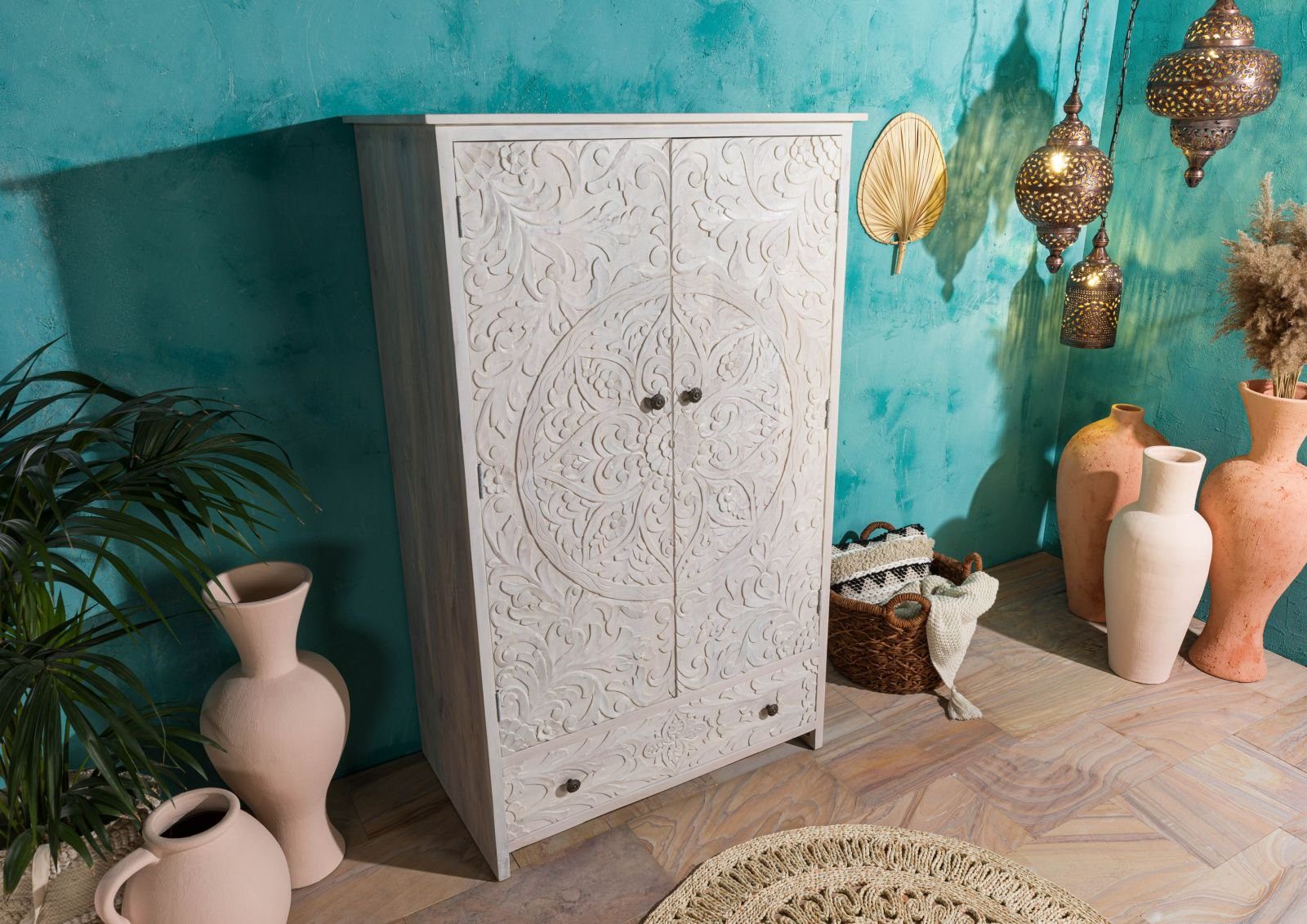 Massivmoebel24 Kleiderschrank KASHMIR (Mango 108x64x180 weiß geölt KASHMIR #106) Mango 108x64x180 weiß geölt KASHMIR #106